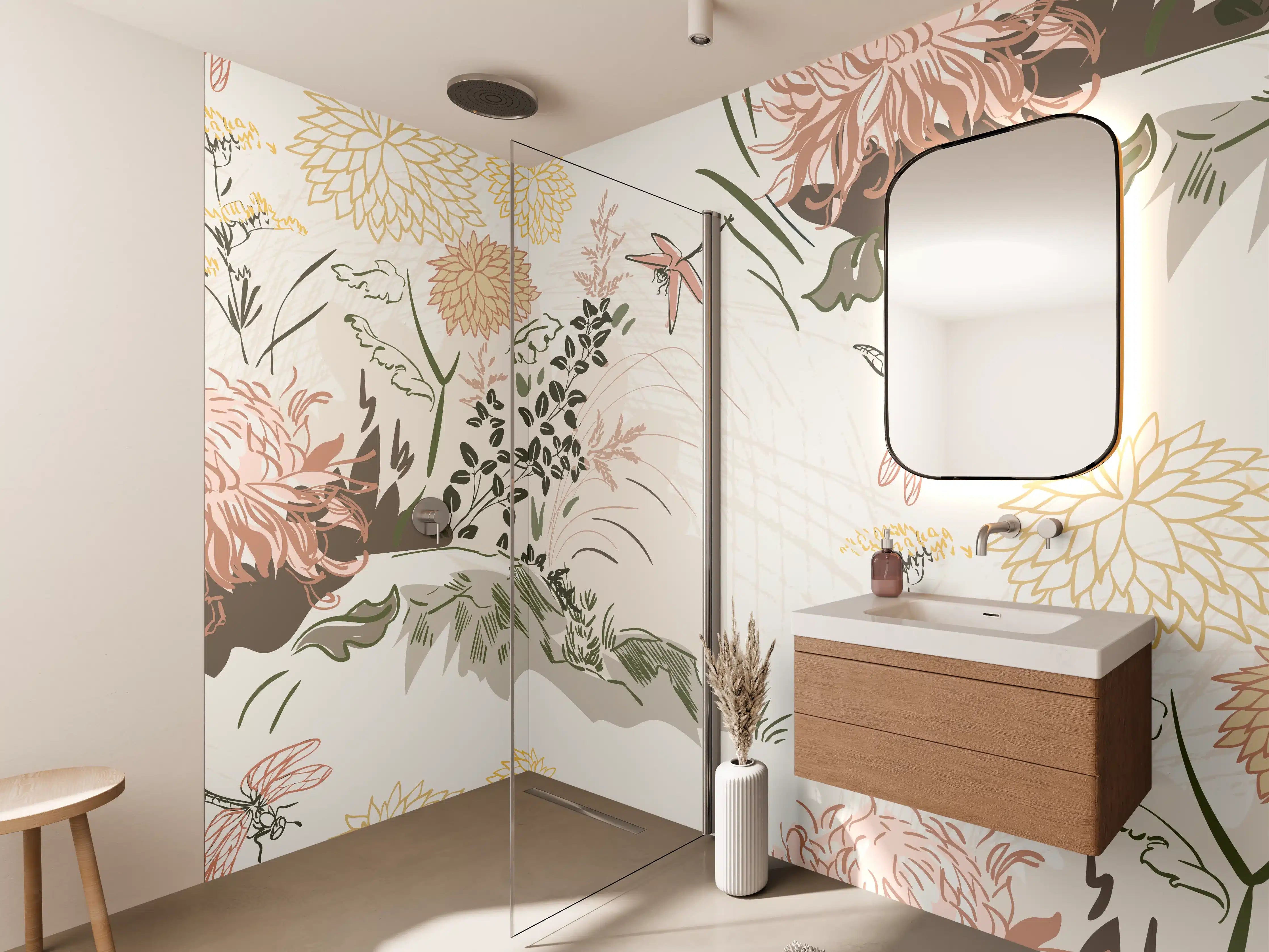 Wandverkleidung Bad - Florales Muster Beige-Grün-Rosa