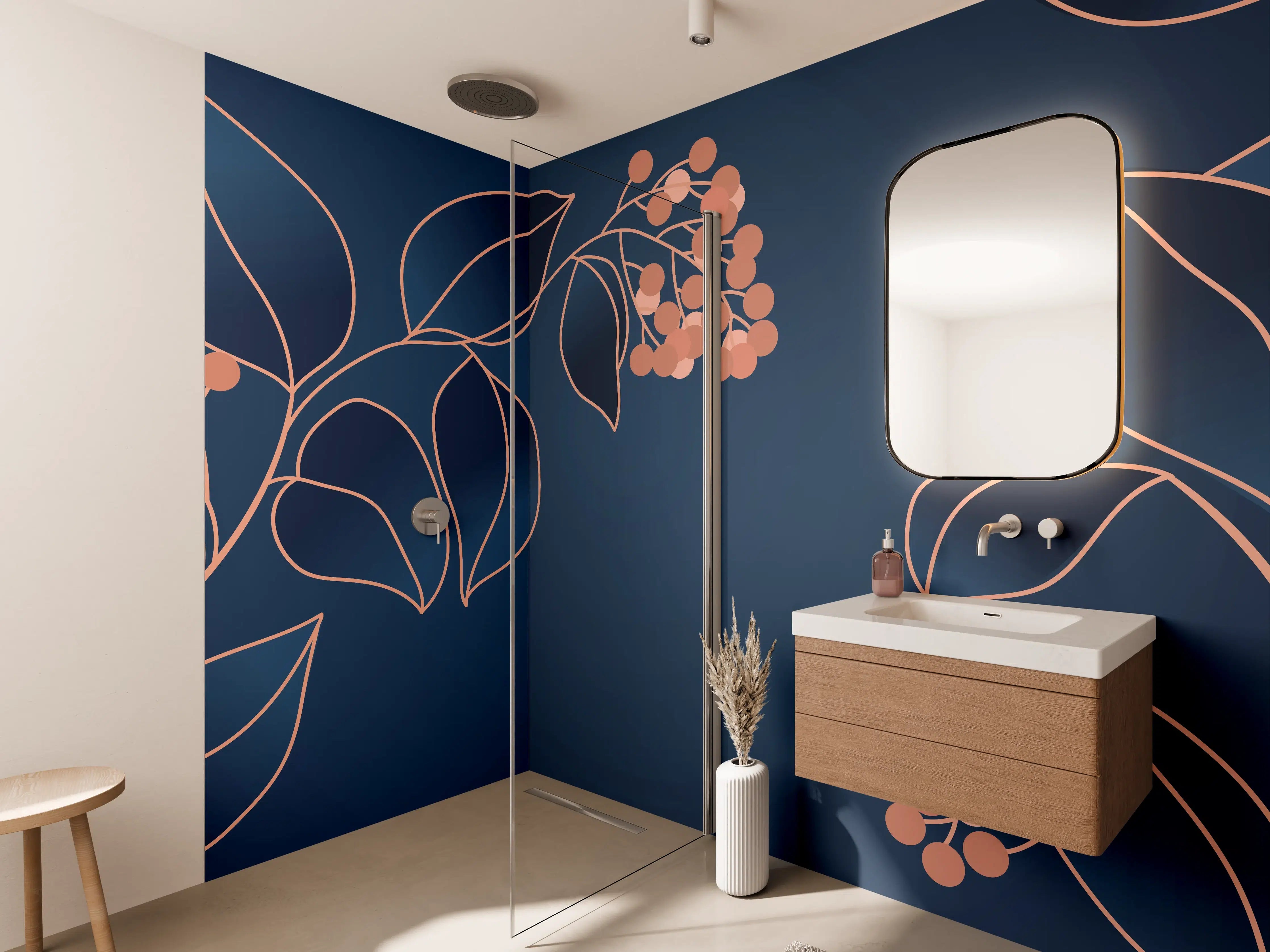 Wandverkleidung Bad - Florales Muster Navy-Orange