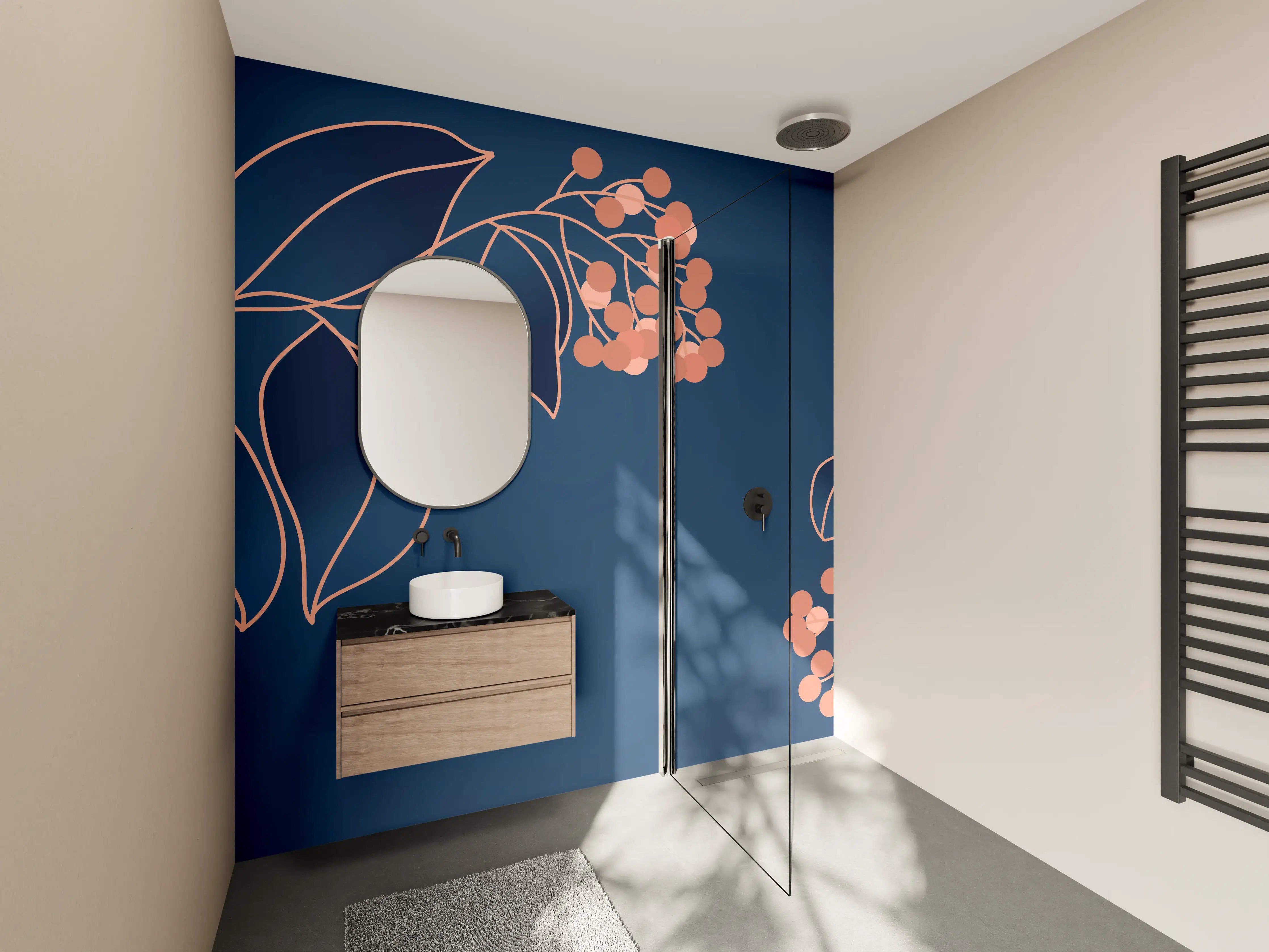 Wandverkleidung Bad - Florales Muster Navy-Orange