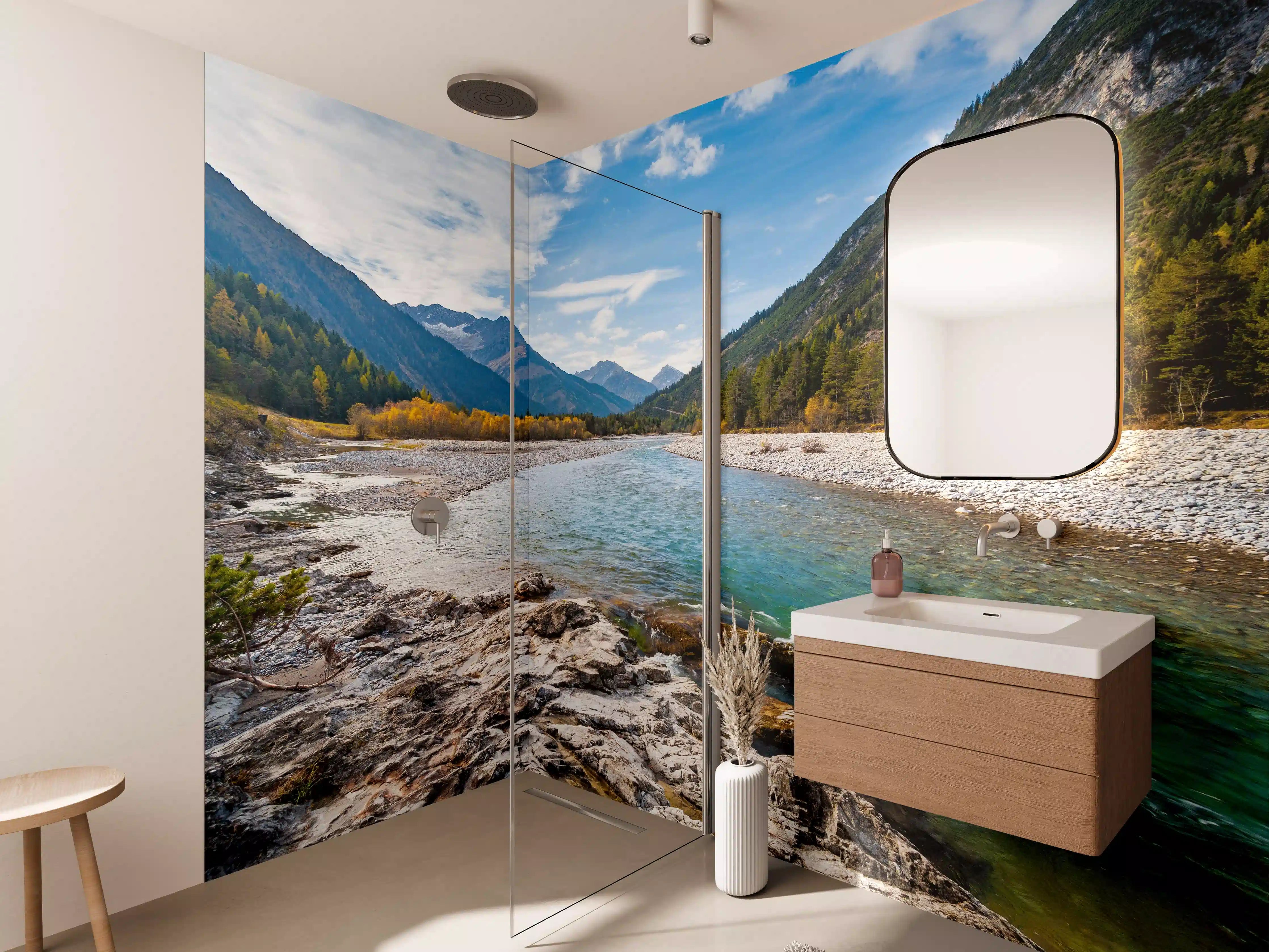 Wandverkleidung Bad - Fluss durch die Alpen im Herbst