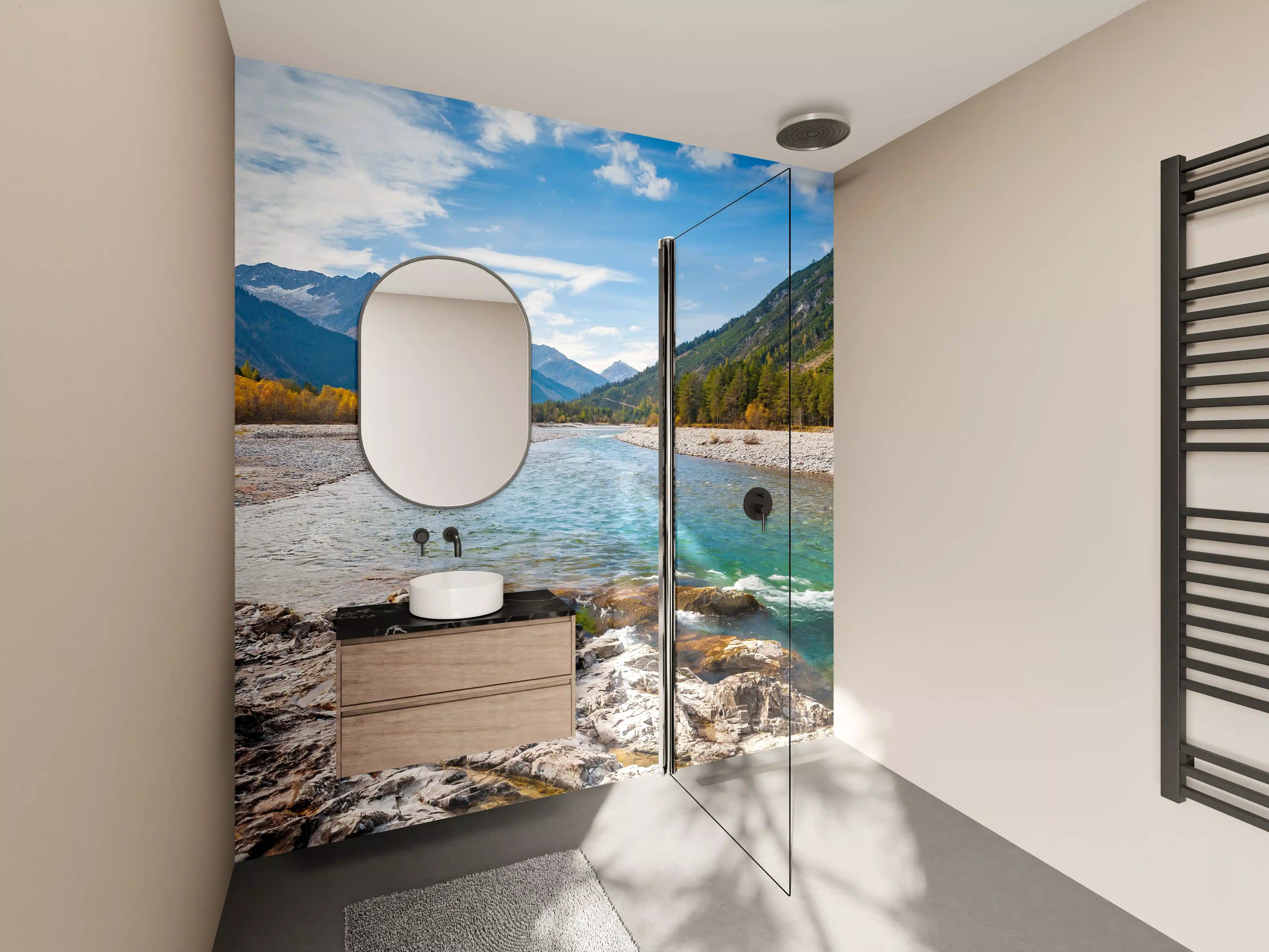 Wandverkleidung Bad - Fluss durch die Alpen im Herbst