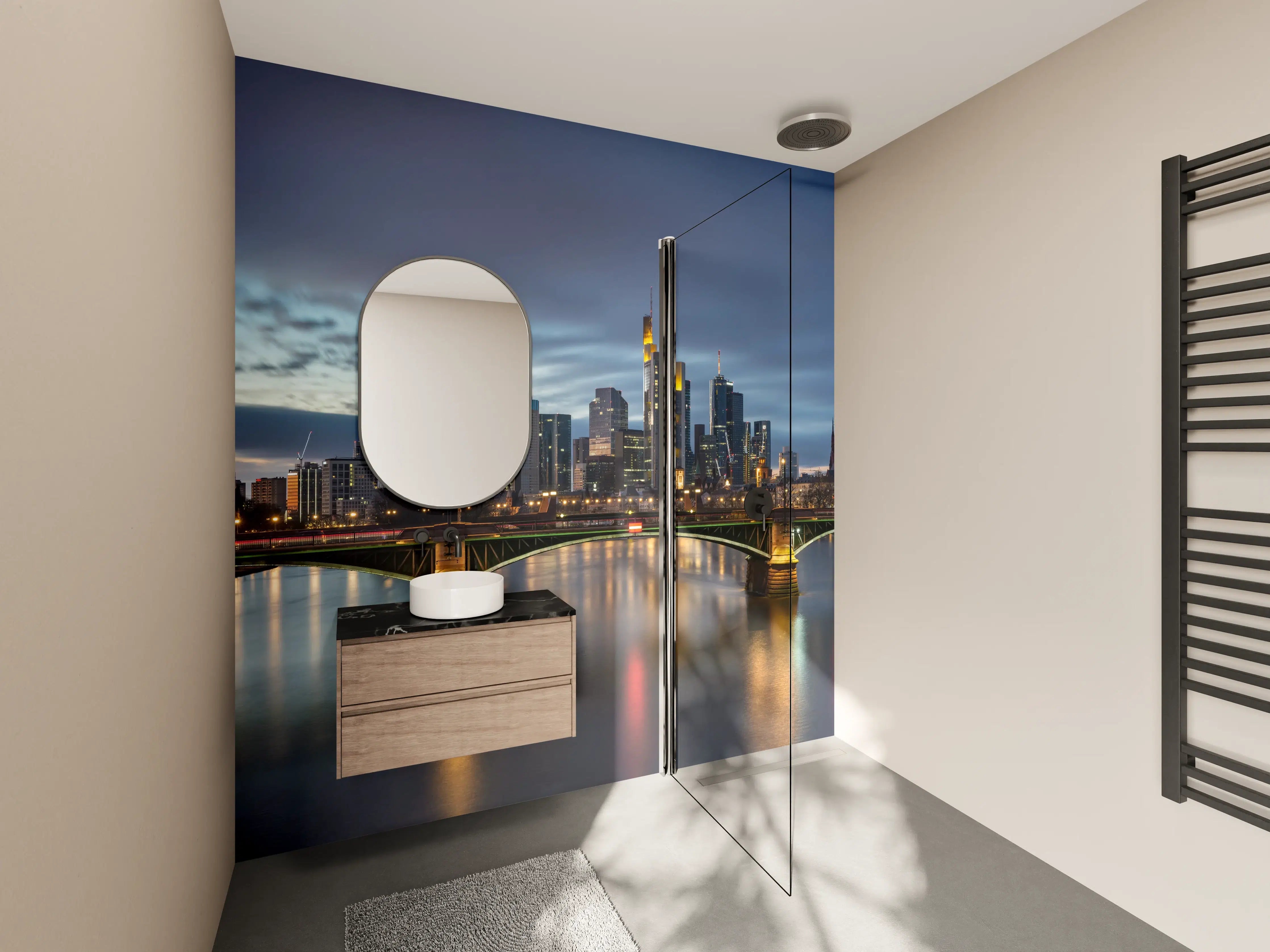 Wandverkleidung Bad - Flussansicht in der Dämmerung von Frankfurt