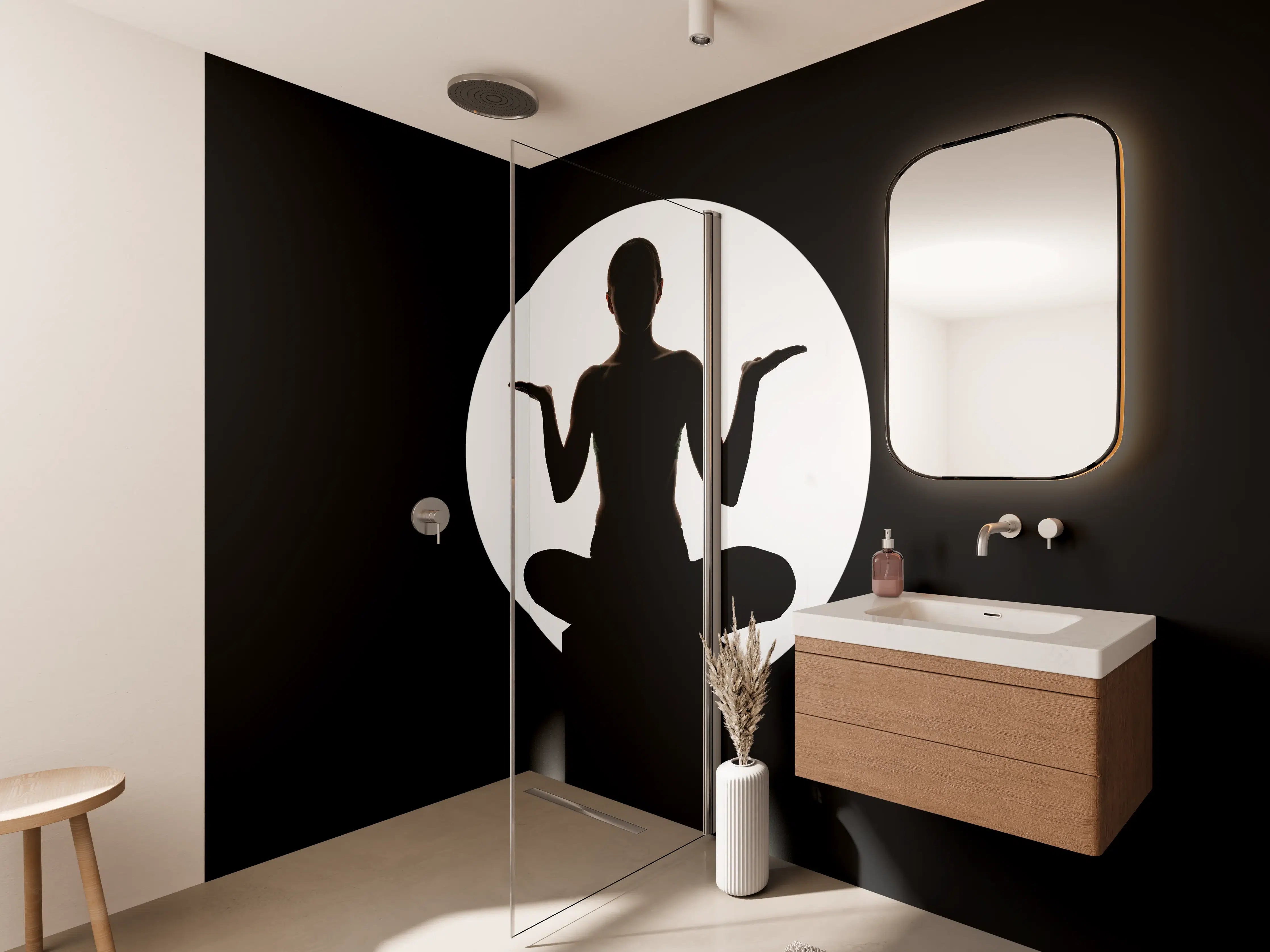 Wandverkleidung Bad - Frau Silhouette sitzt in Yoga-Pose