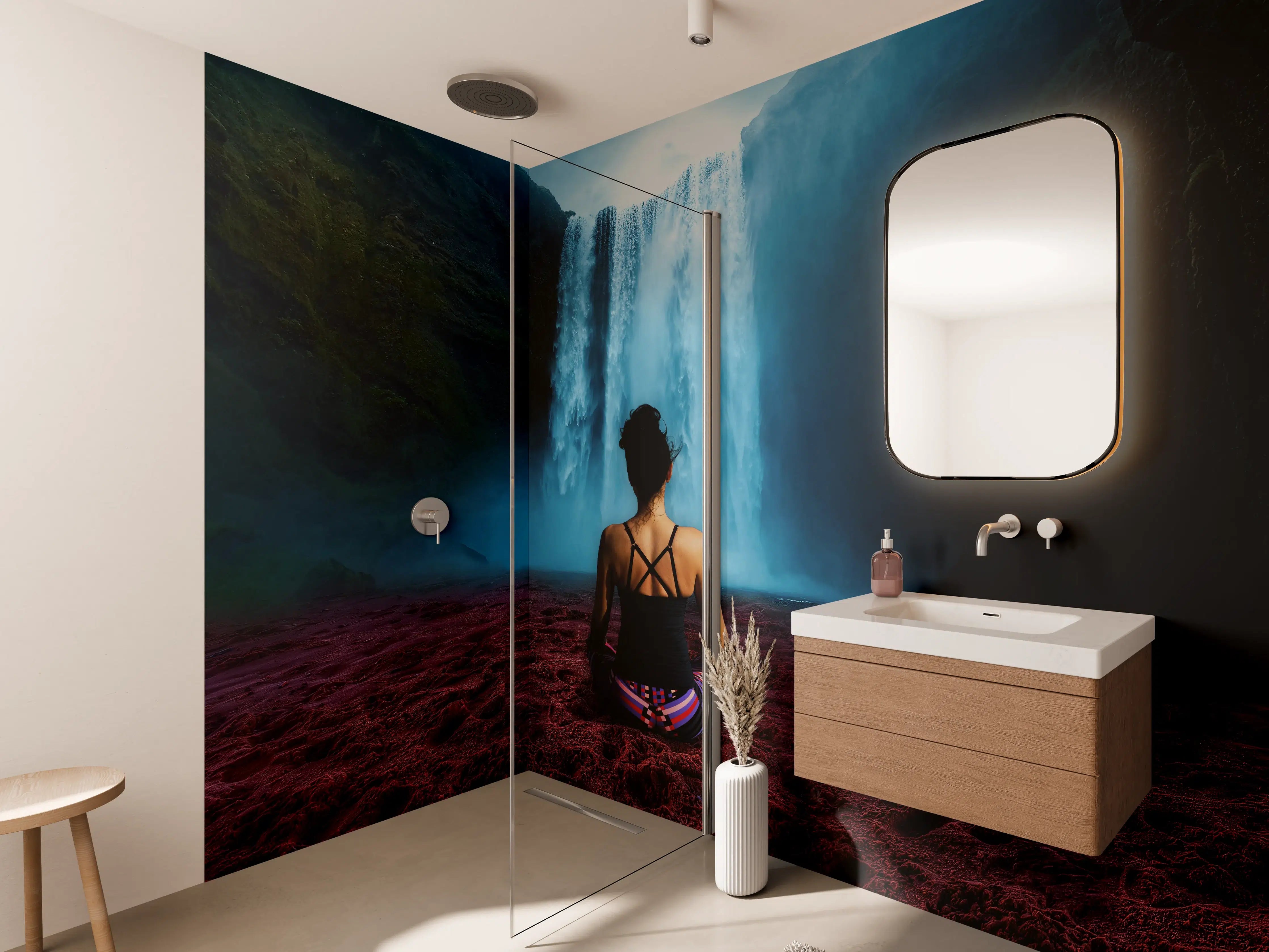 Wandverkleidung Bad - Frau meditierend vor traumhaften Wasserfall