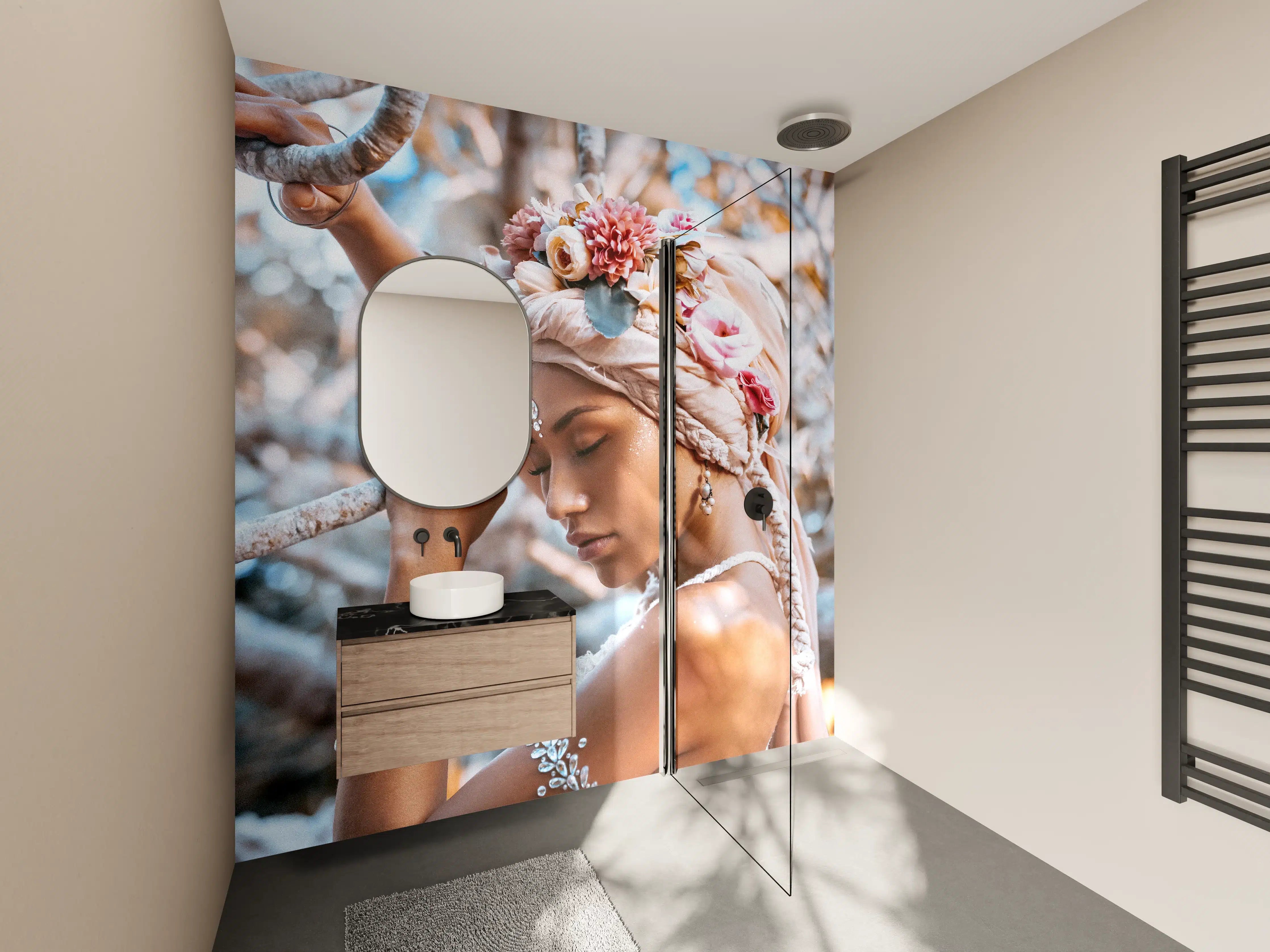 Wandverkleidung Bad - Frau mit Blumenkranz