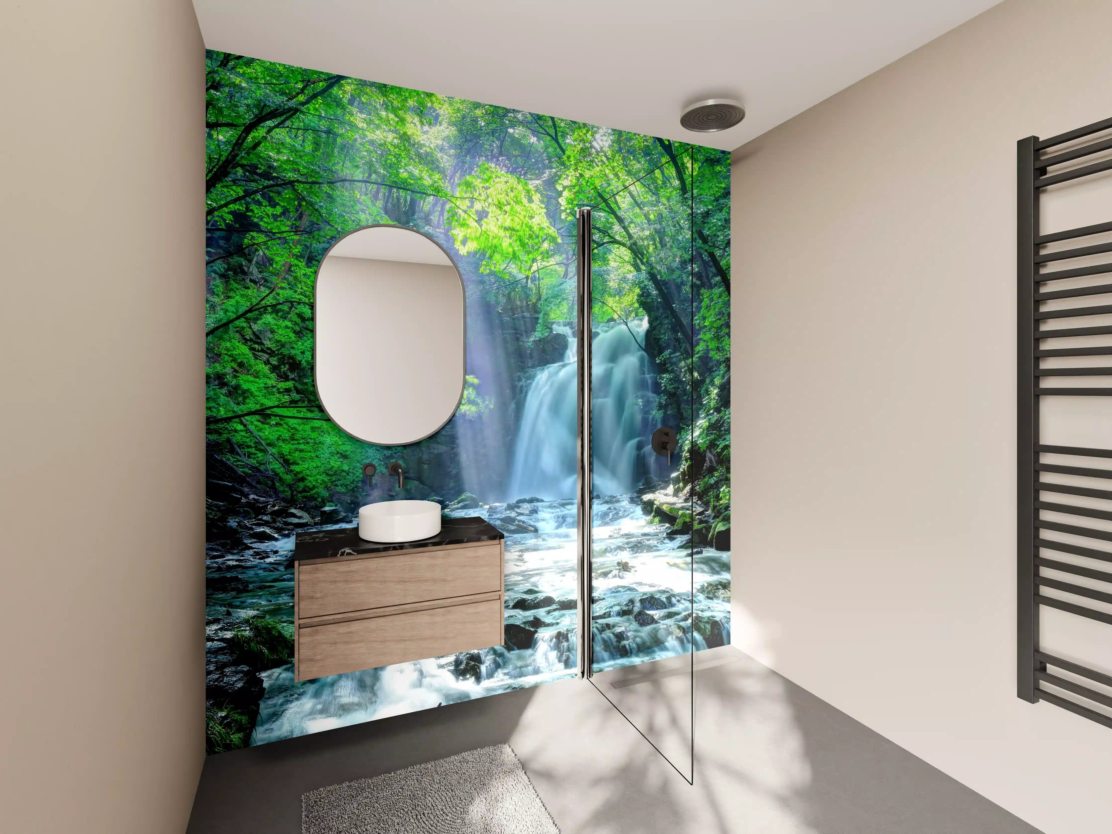 Wandverkleidung Bad - Friedlicher Wasserfall im Wald von Asama