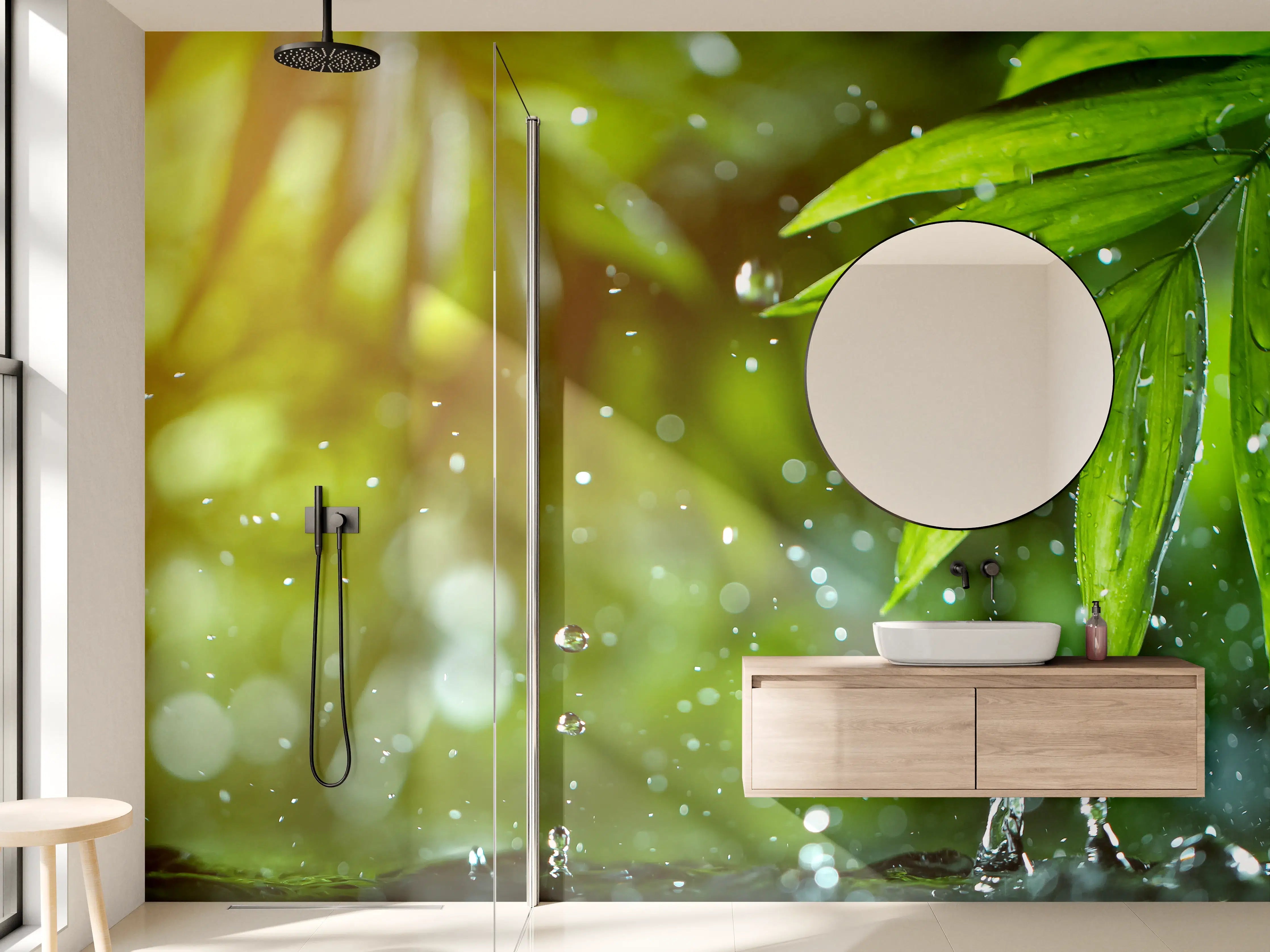 Wandverkleidung Bad - Frische Blätter mit Wassertropfen