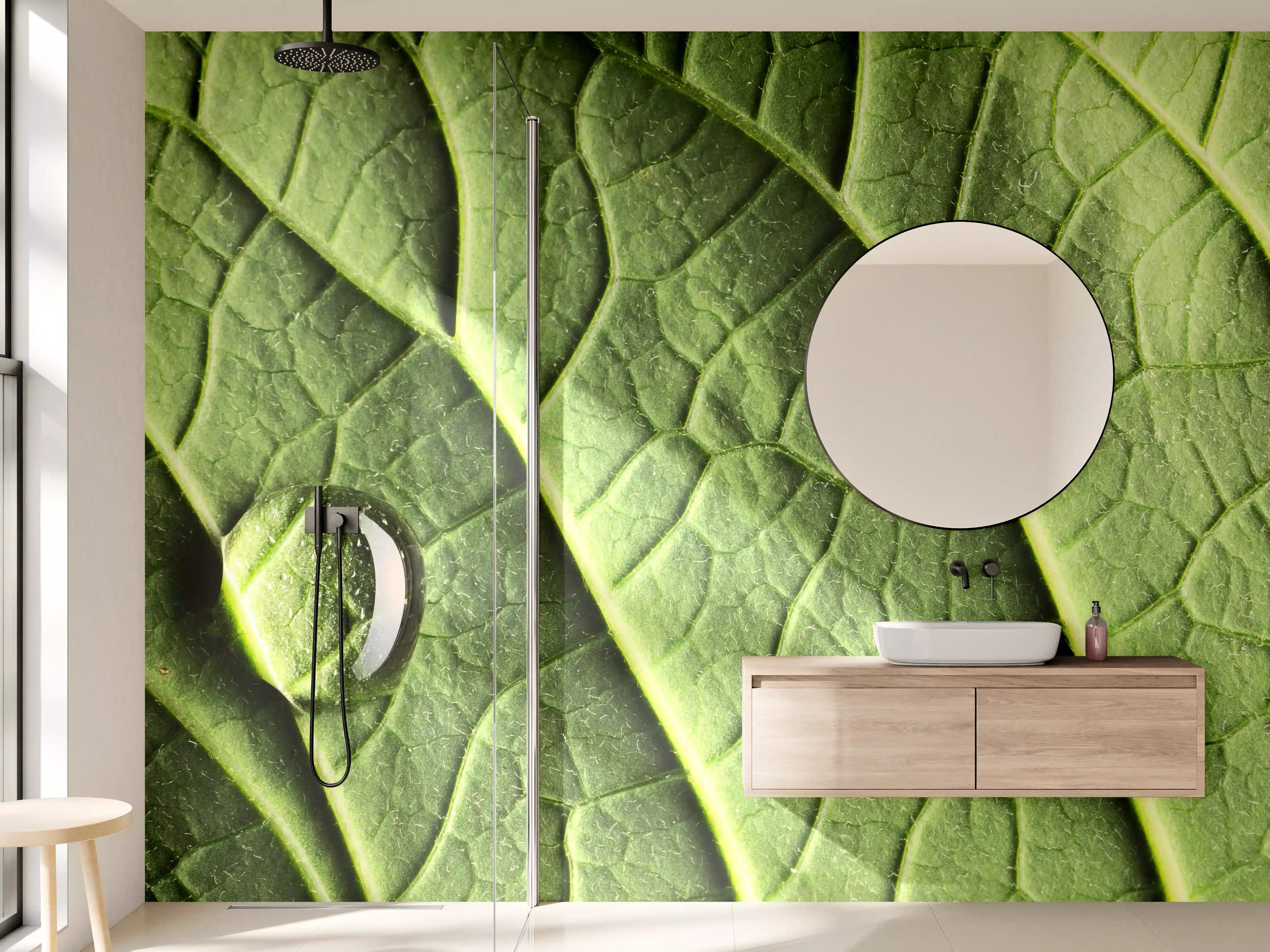 Wandverkleidung Bad - Frische Blattszene mit Wassertropfen