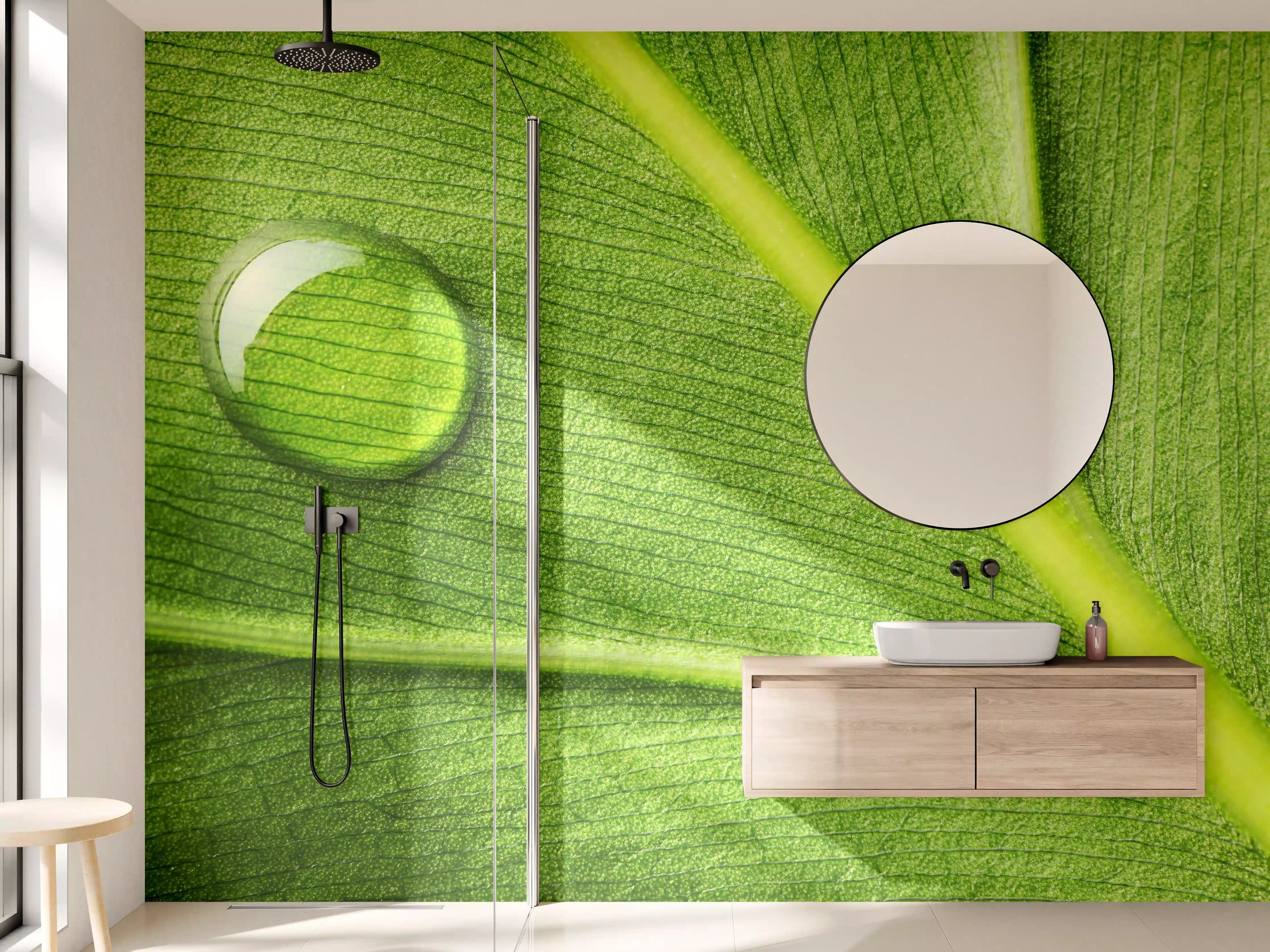 Wandverkleidung Bad - Frische Tau-Tropfen auf grüner Blättern-Texture