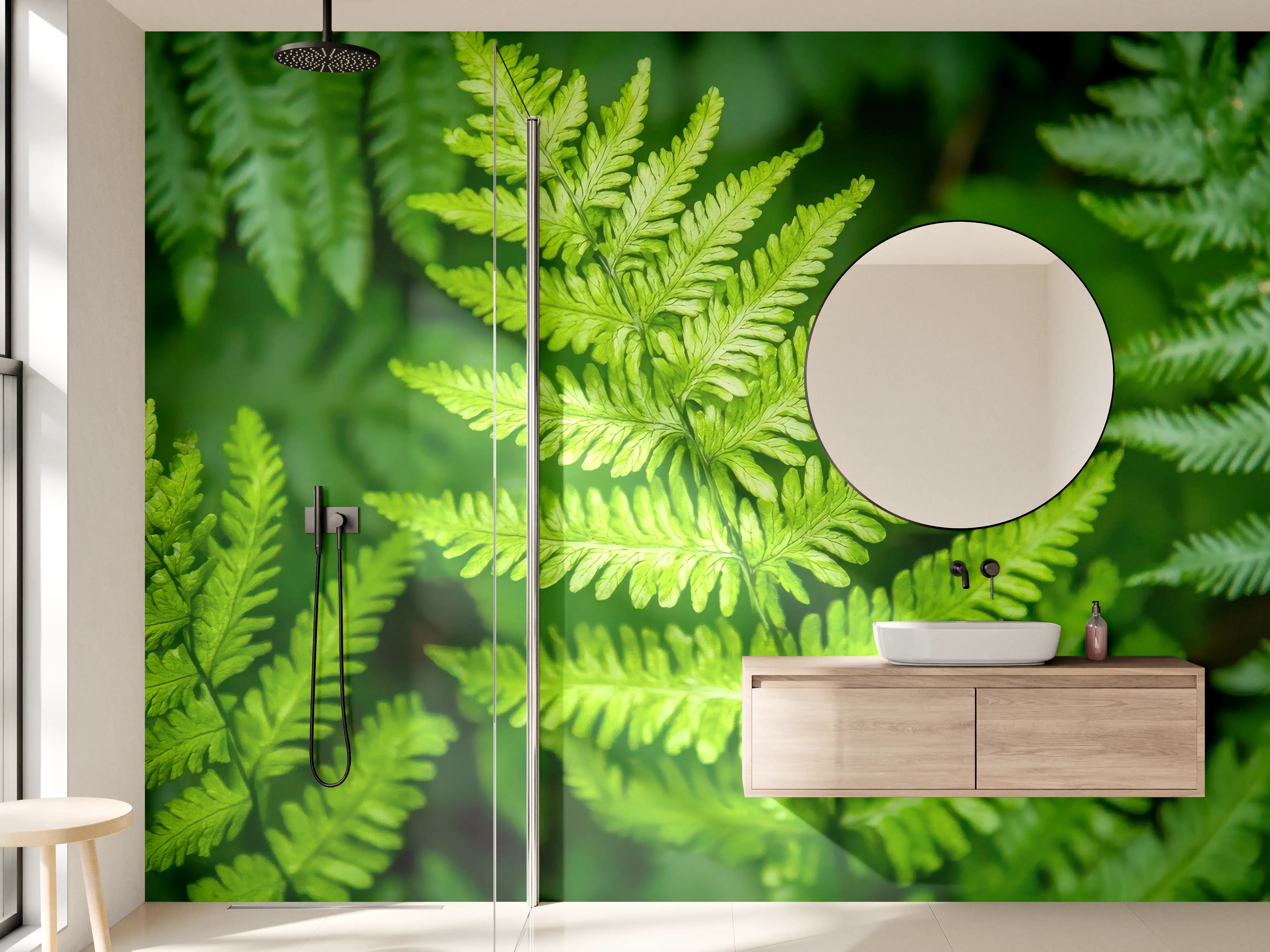 Wandverkleidung Bad - Frische grüne Farnblätter