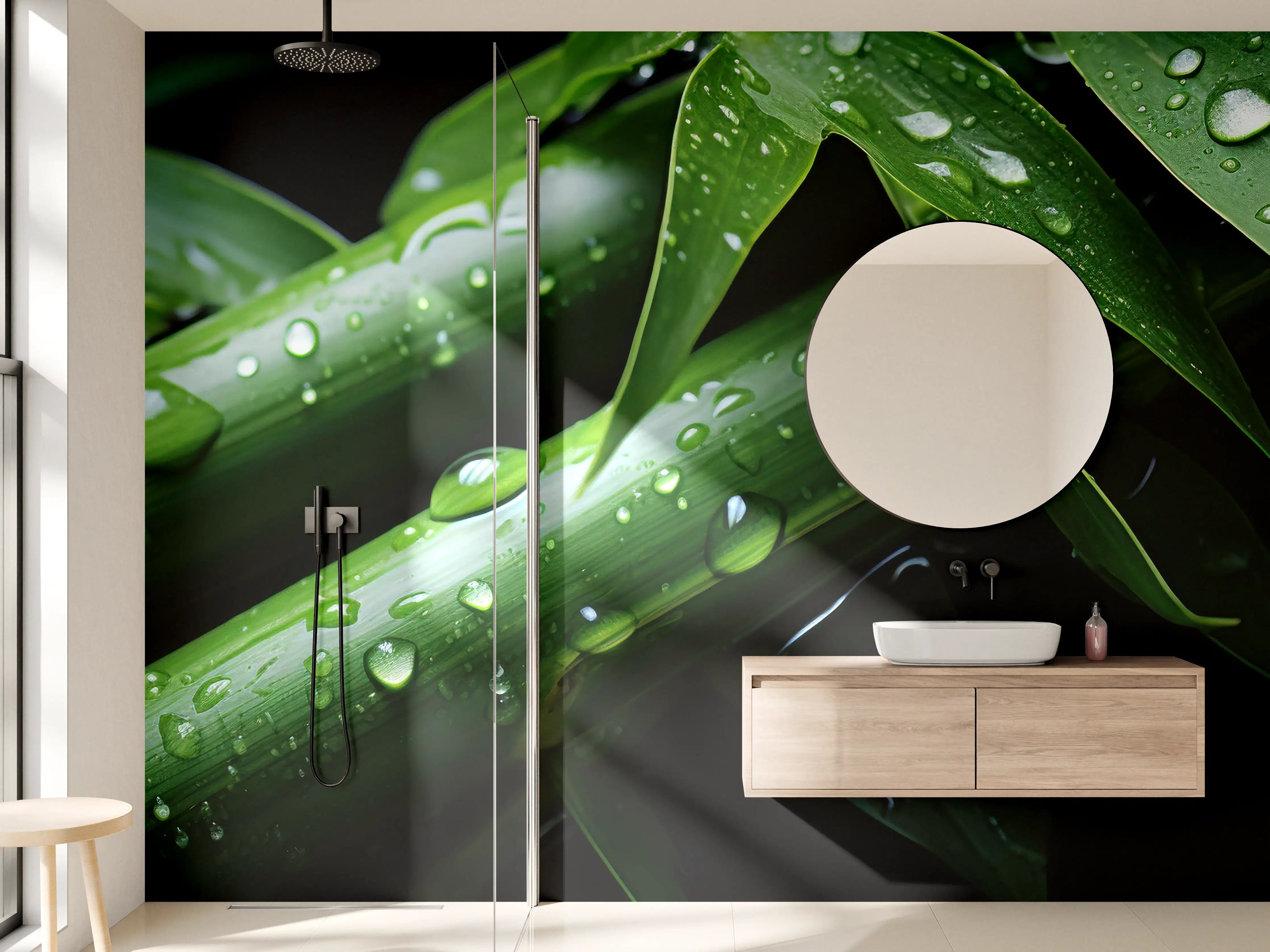 Wandverkleidung Bad - Frischer grüner Bambus mit Wassertropfen