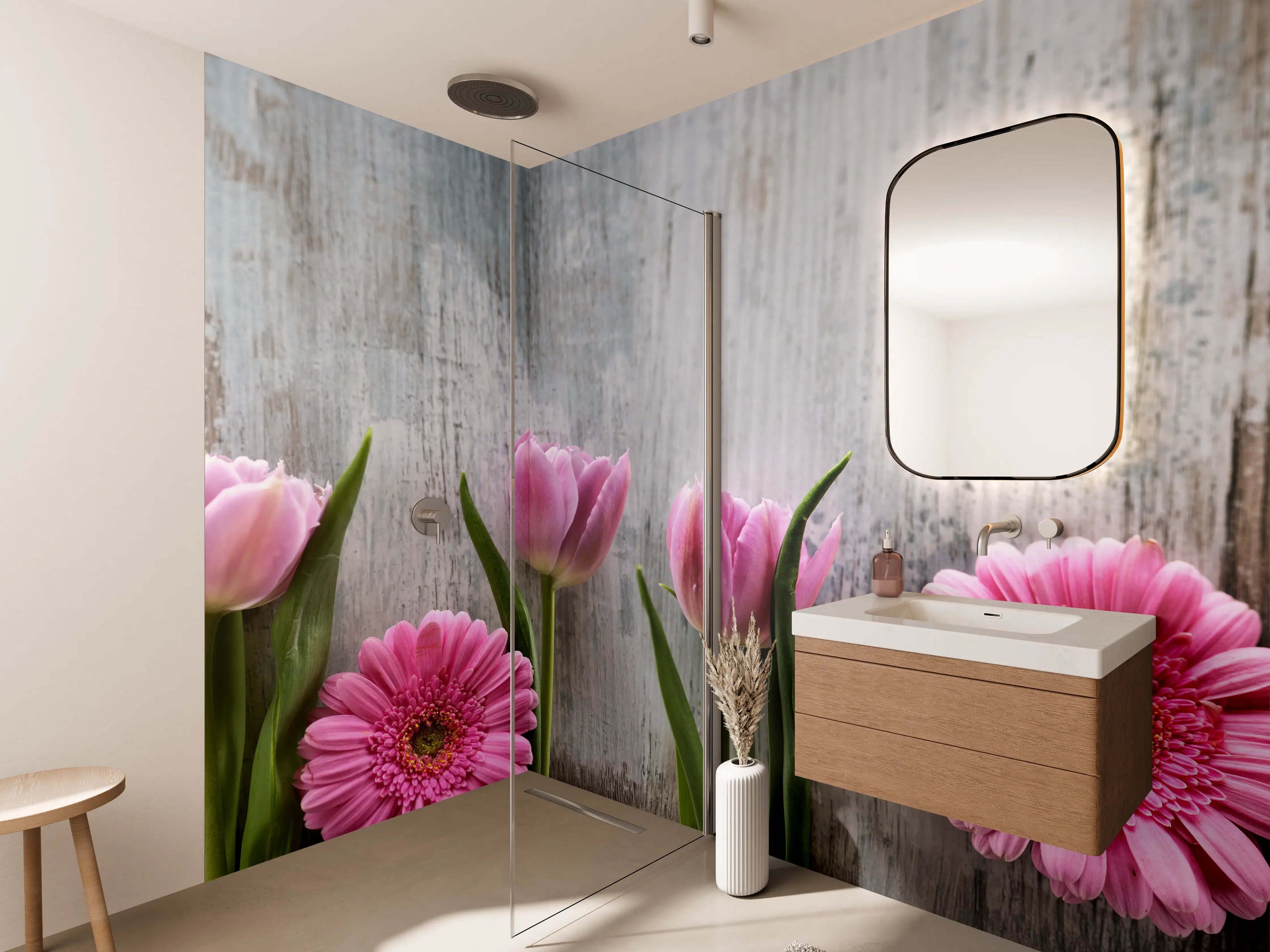 Wandverkleidung Bad - Frühlingsblumen auf schäbigem Holz
