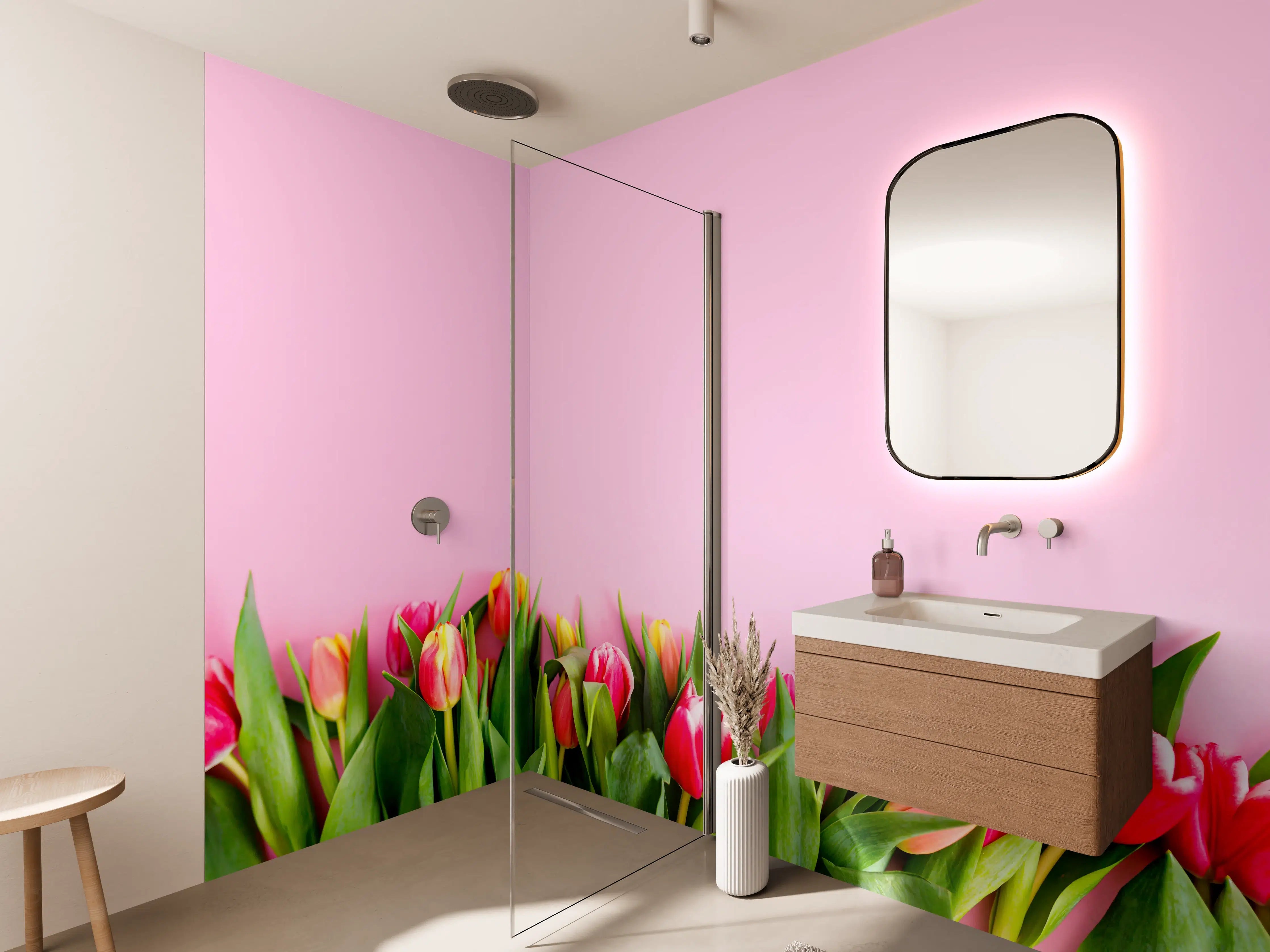 Wandverkleidung Bad - Frühlingstulpen vor rosa Hintergrund
