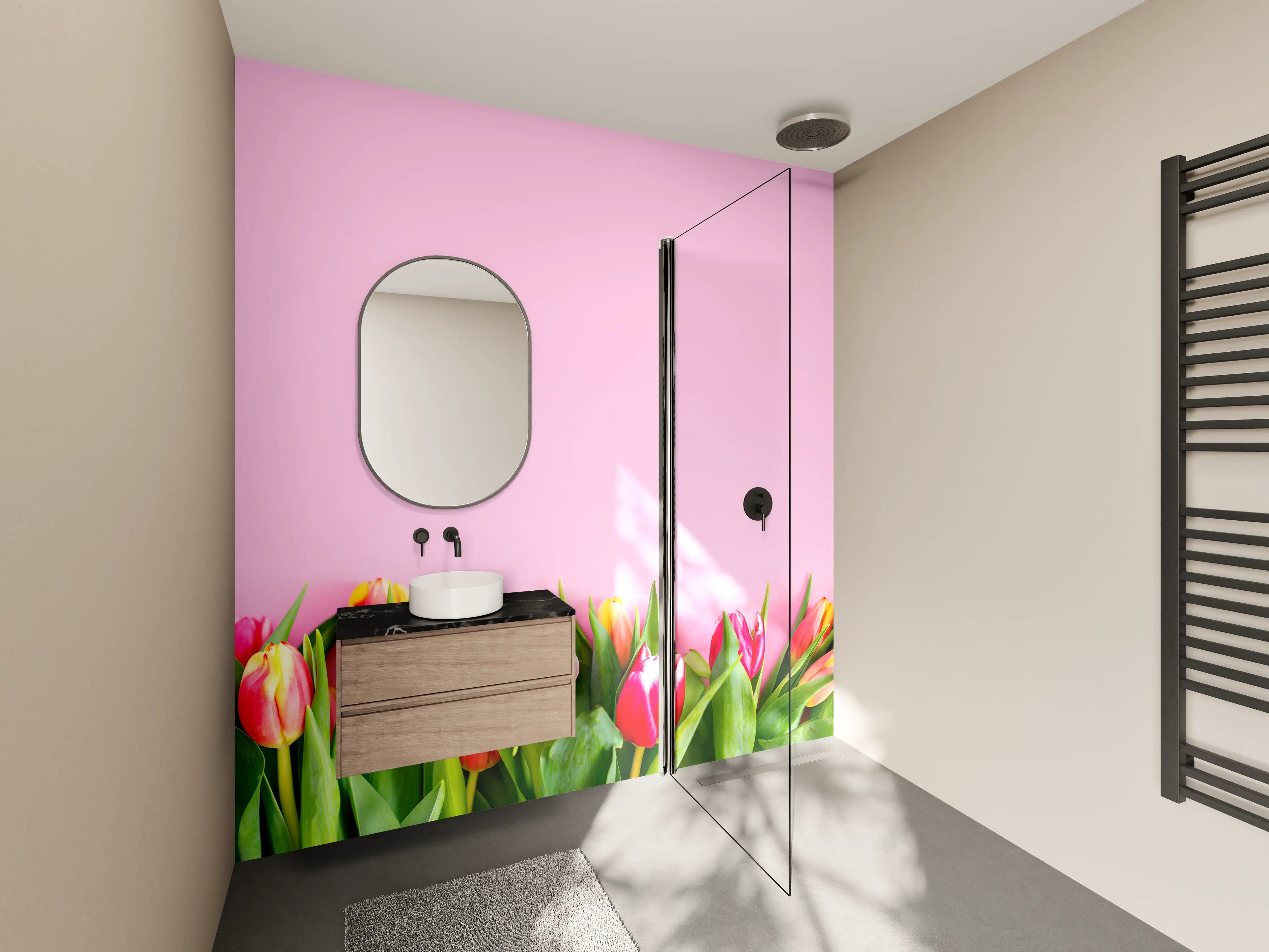 Wandverkleidung Bad - Frühlingstulpen vor rosa Hintergrund
