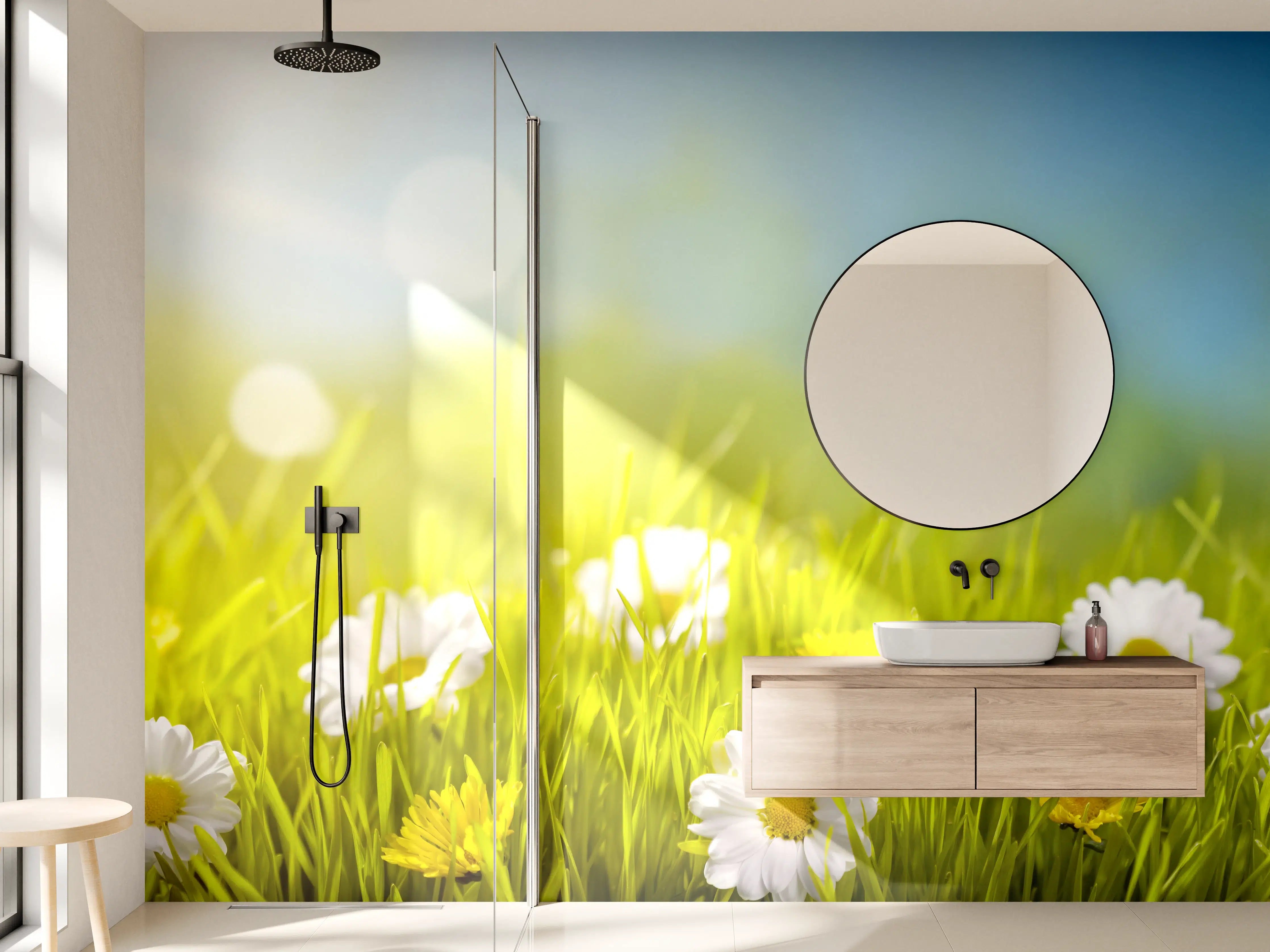 Wandverkleidung Bad - Frühlingswiese mit Blumen und Sonnenschein