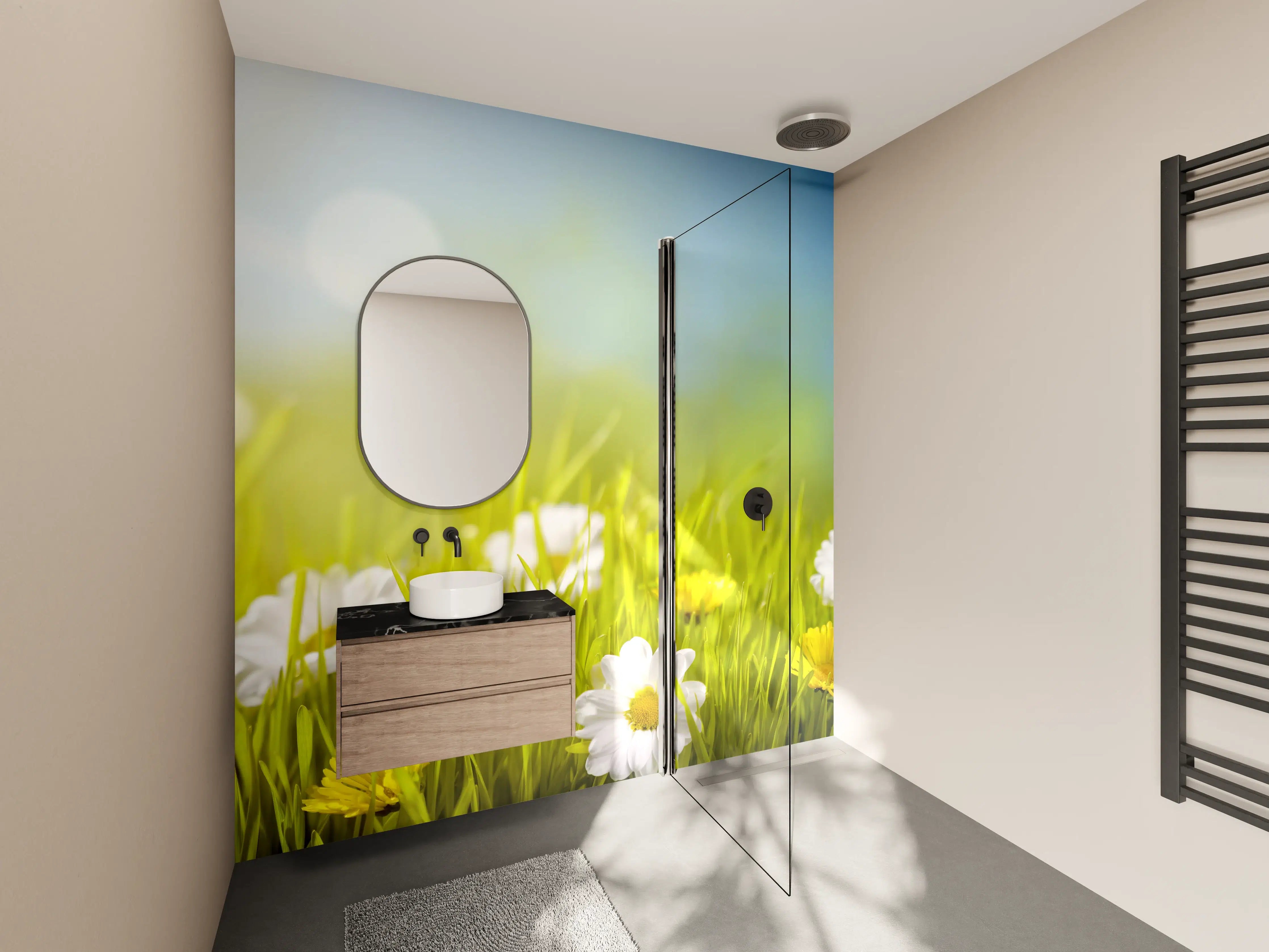 Wandverkleidung Bad - Frühlingswiese mit Blumen und Sonnenschein