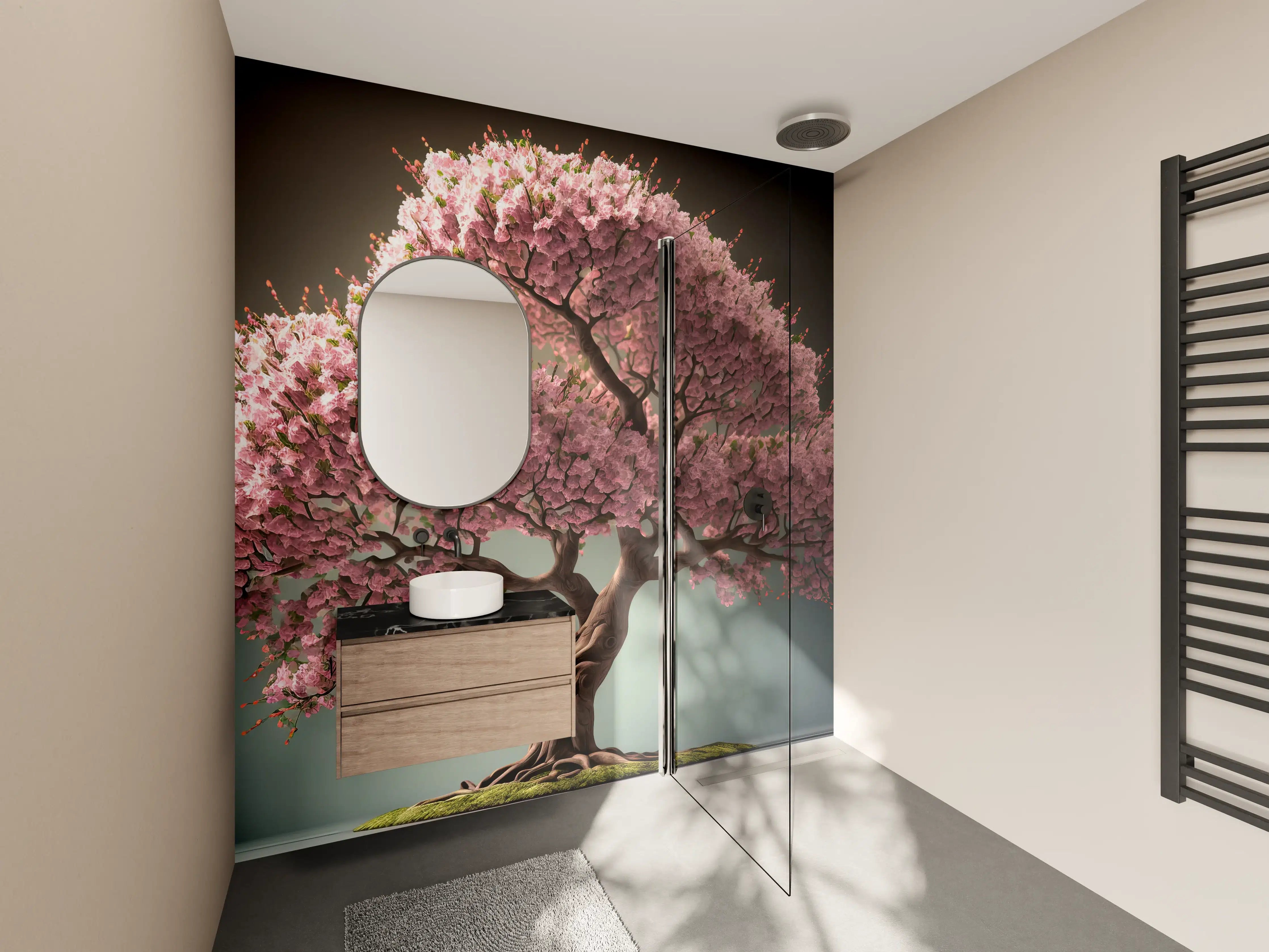 Wandverkleidung Bad - Frühlingszeit Kirschblüte Sakura Baum - KI generiert