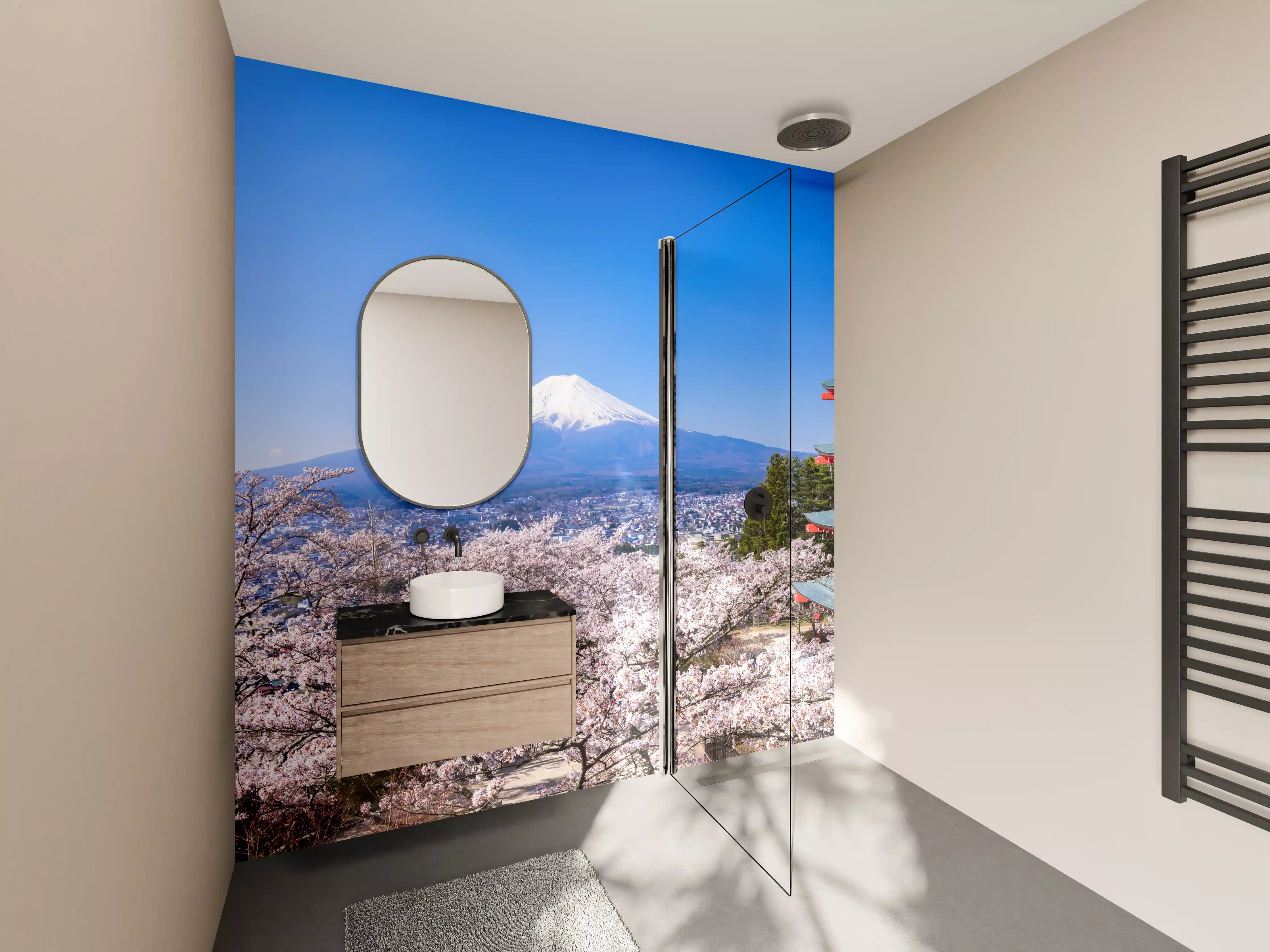 Wandverkleidung Bad - Fuji und Pagode im Kirschblütenmeer