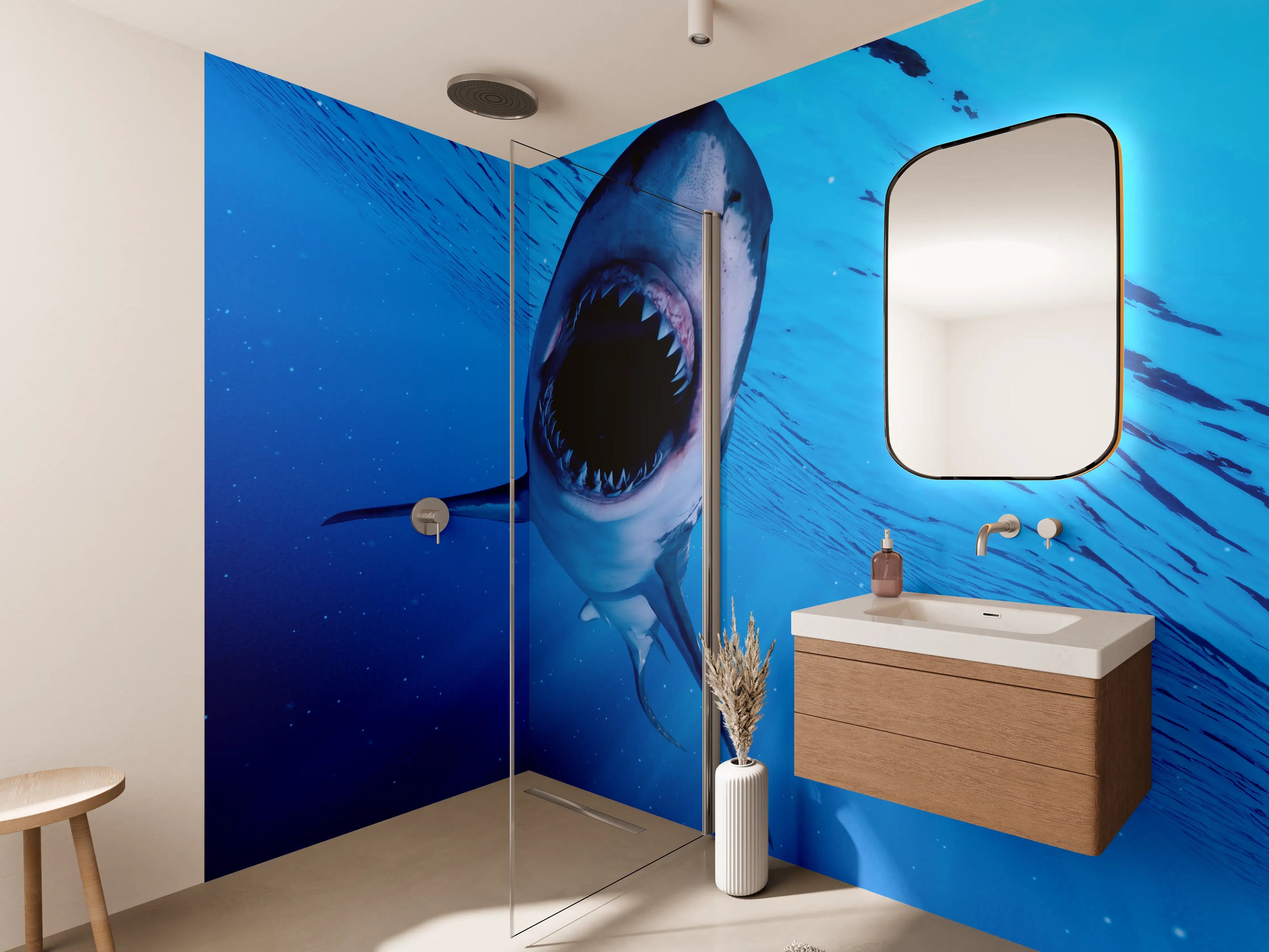 Wandverkleidung Bad - Furchterregender großer weißer Hais