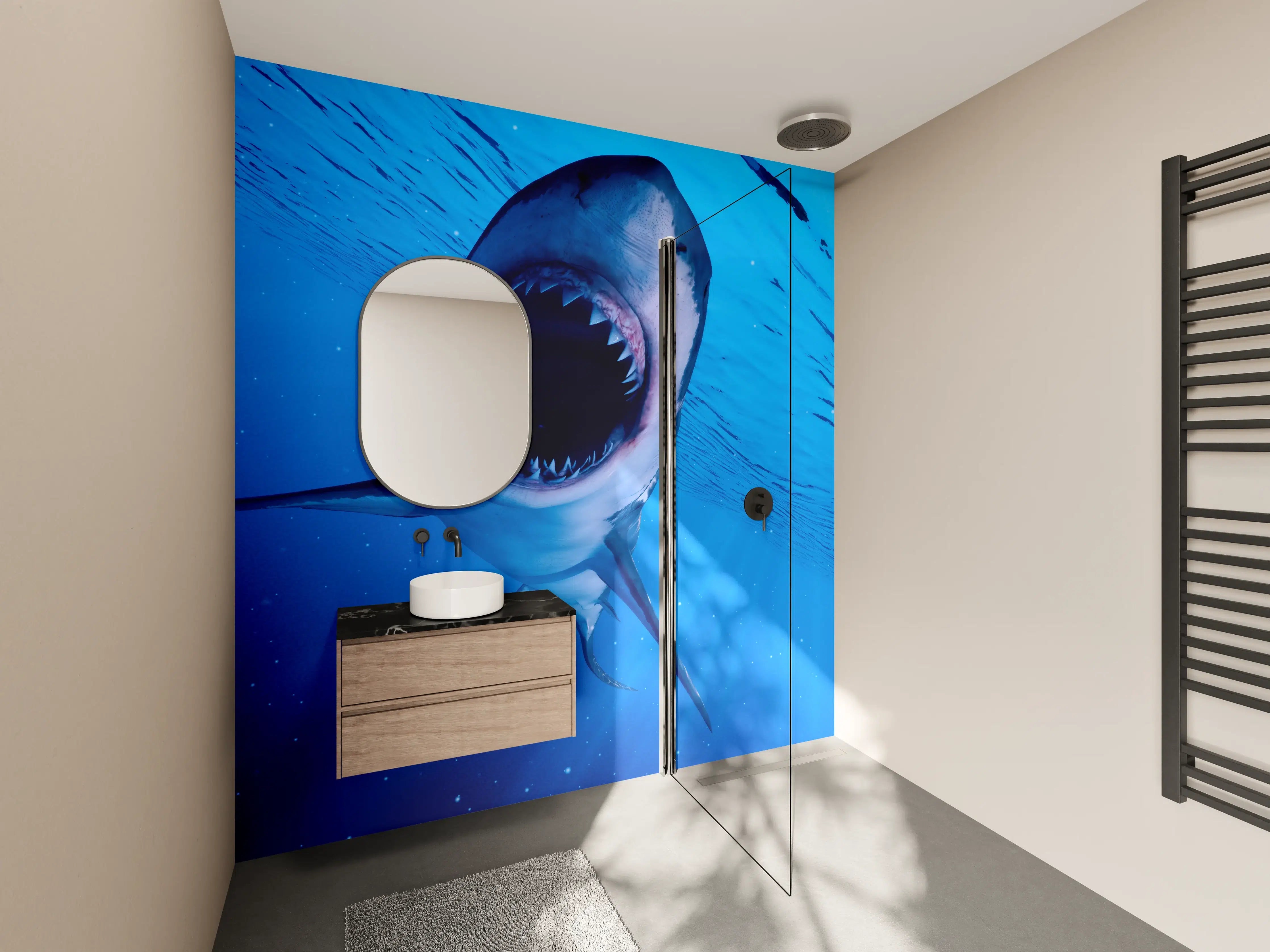 Wandverkleidung Bad - Furchterregender großer weißer Hais