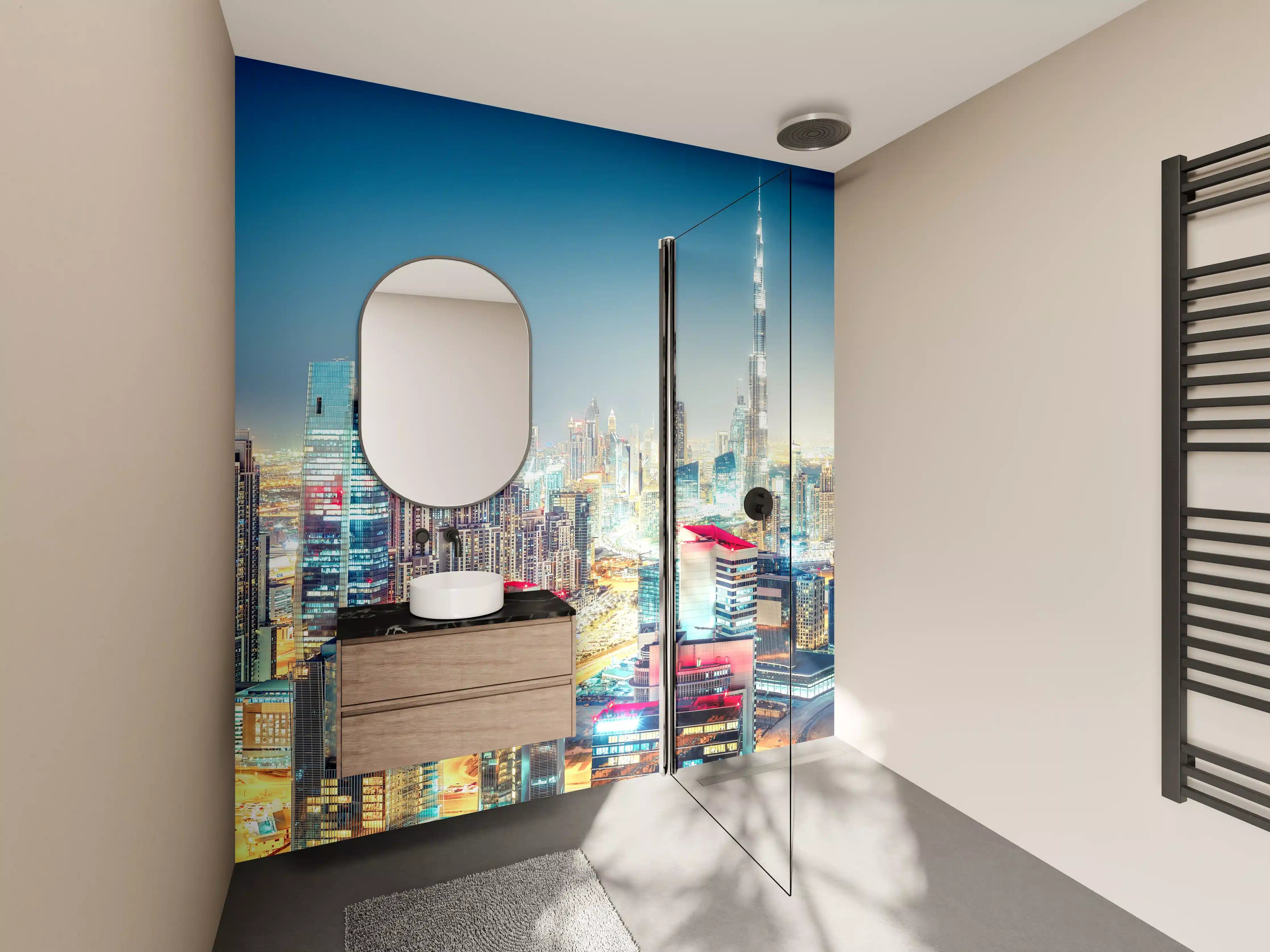 Wandverkleidung Bad - Futuristische Skyline bei Nacht