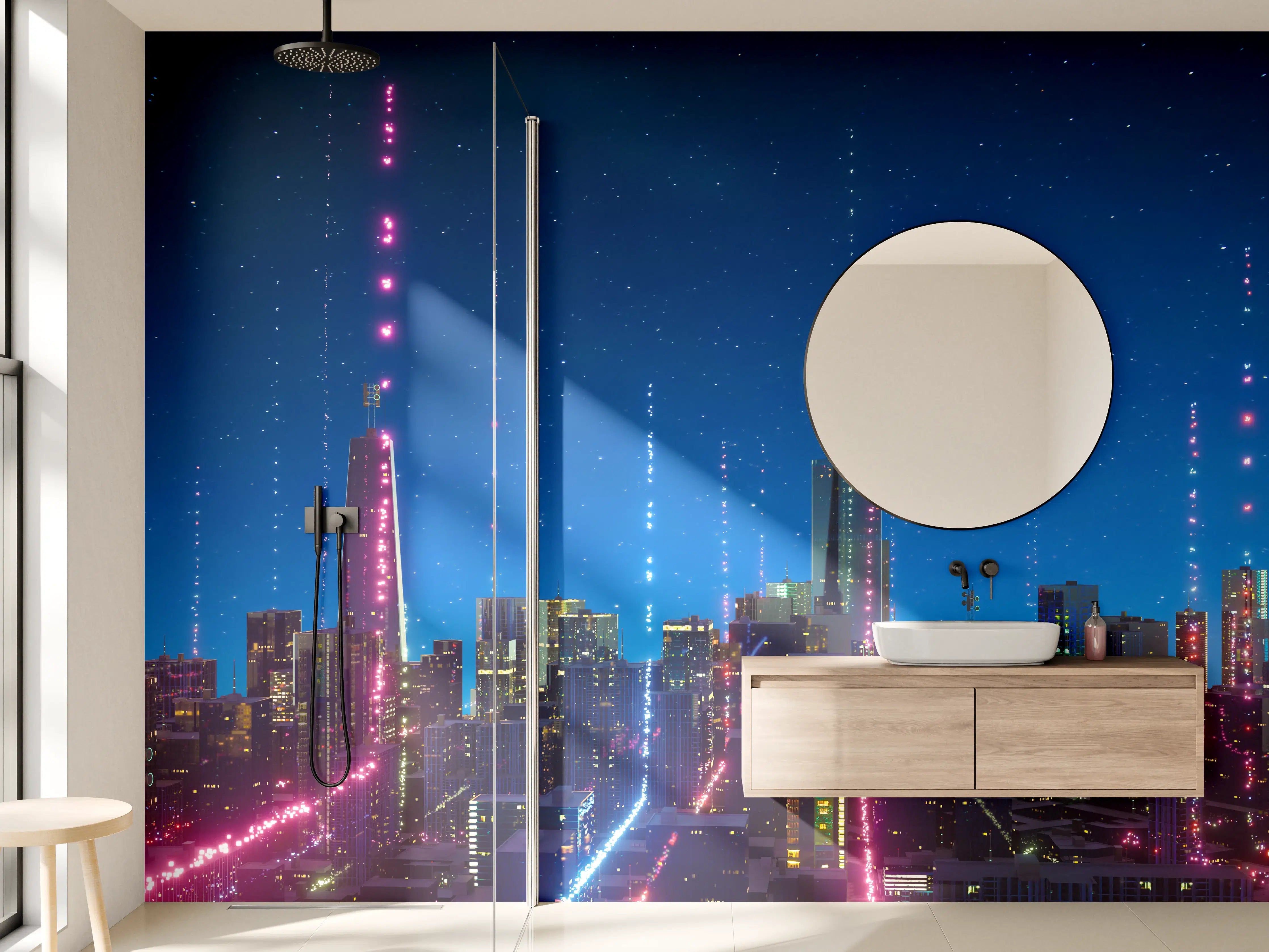 Wandverkleidung Bad - Futuristische Stadt bei Nacht mit Neonlichtern