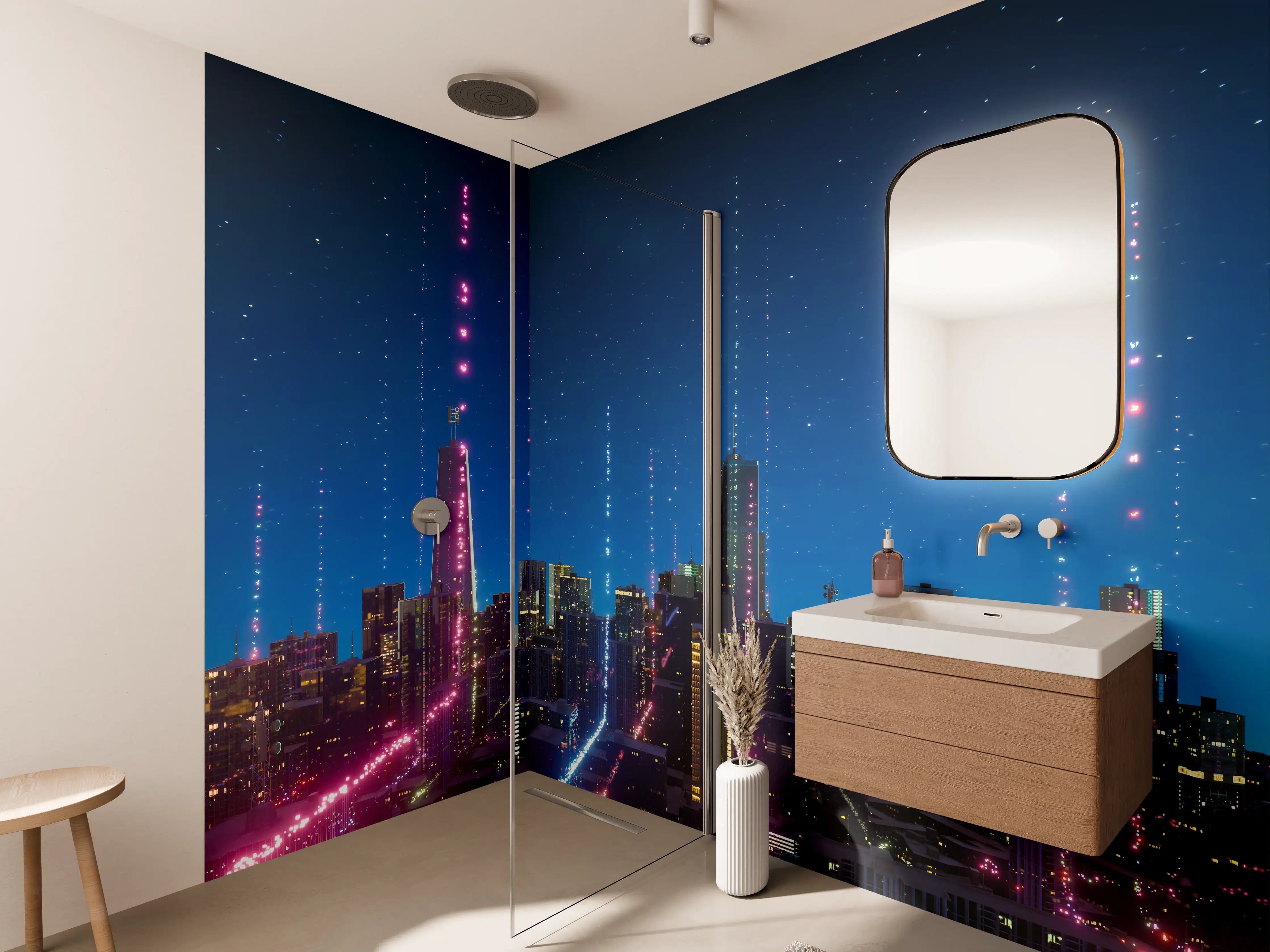 Wandverkleidung Bad - Futuristische Stadt bei Nacht mit Neonlichtern
