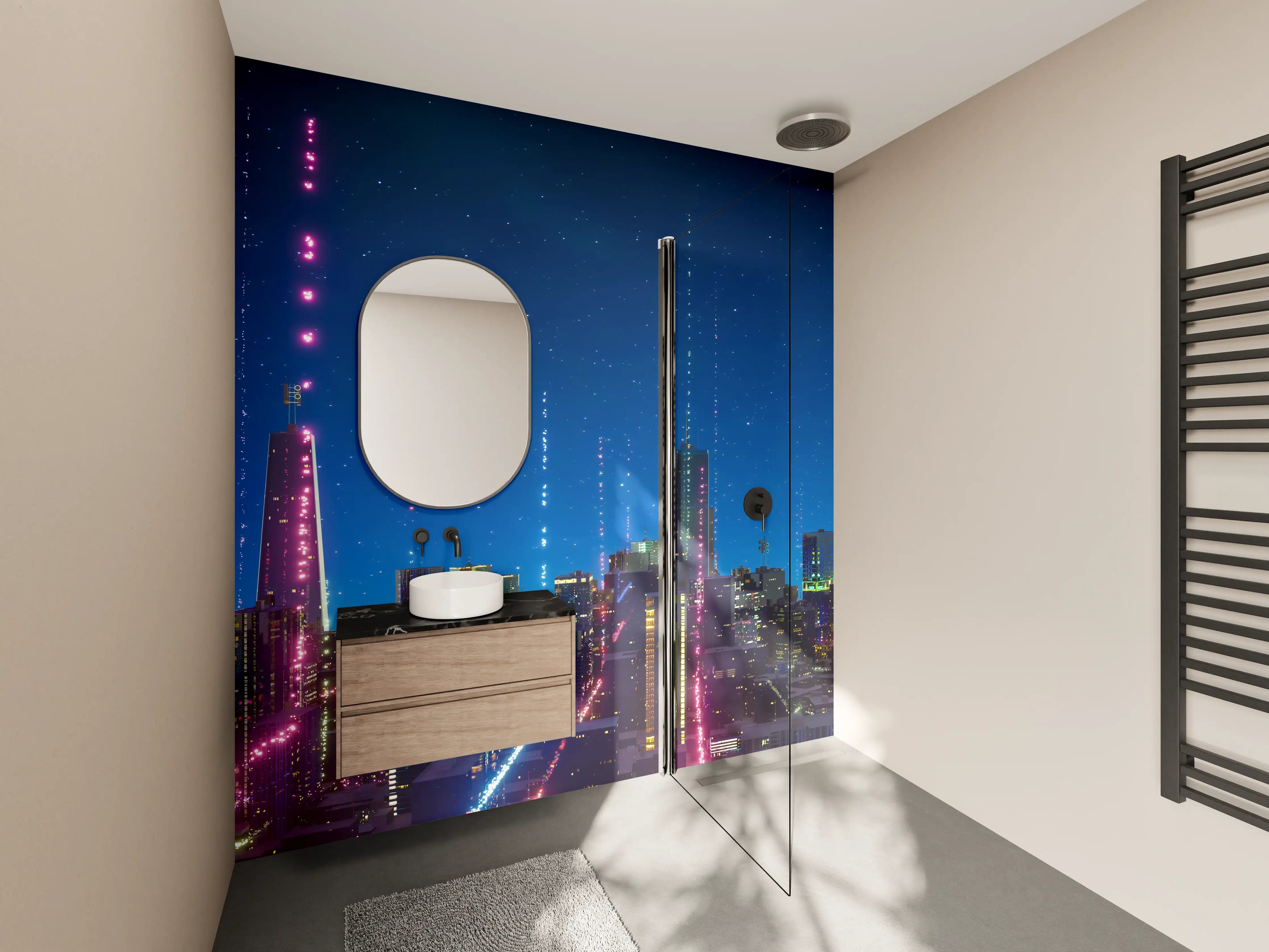 Wandverkleidung Bad - Futuristische Stadt bei Nacht mit Neonlichtern