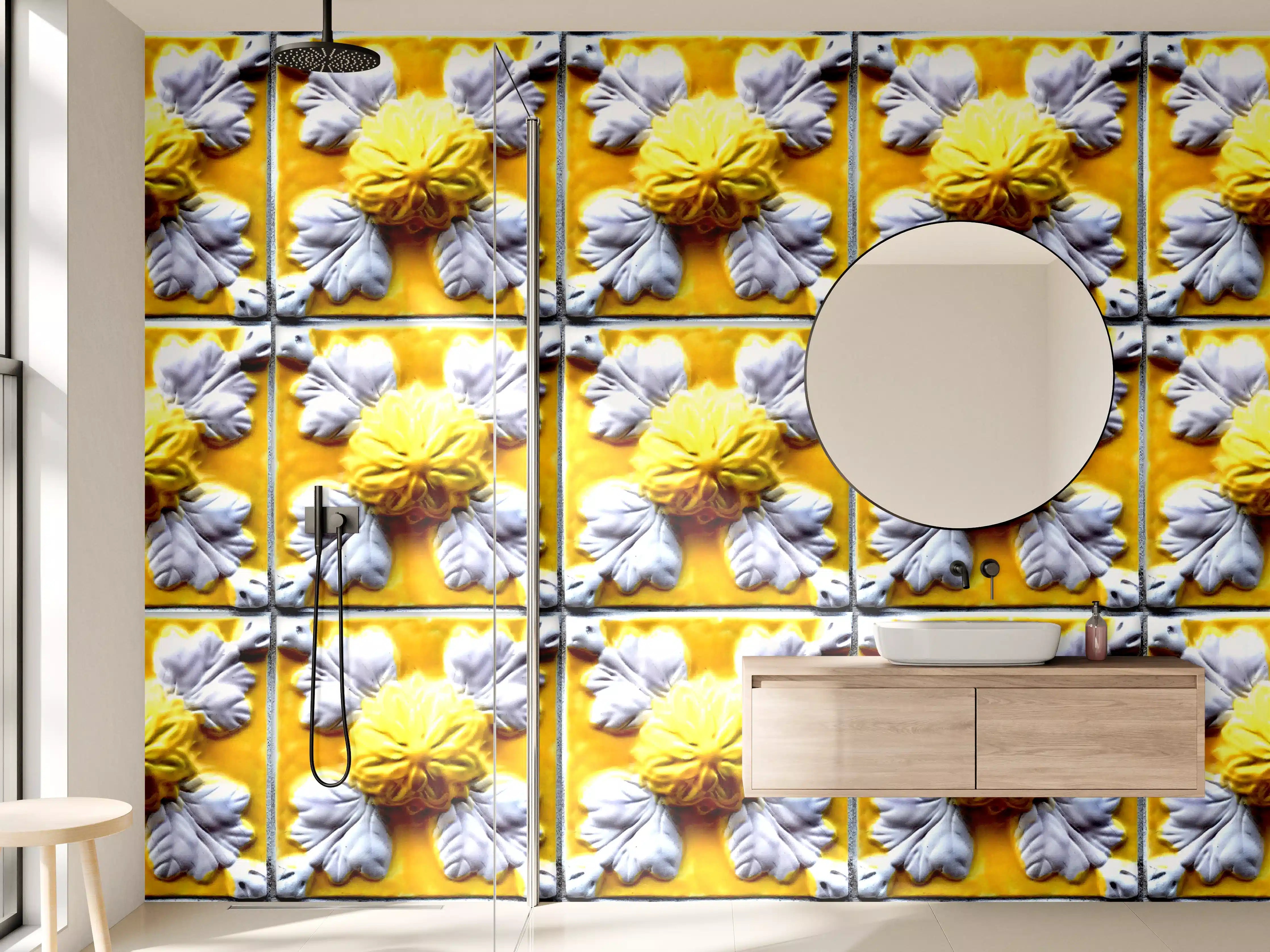 Wandverkleidung Bad - Gelbe und graue Blumenmuster-Fliese