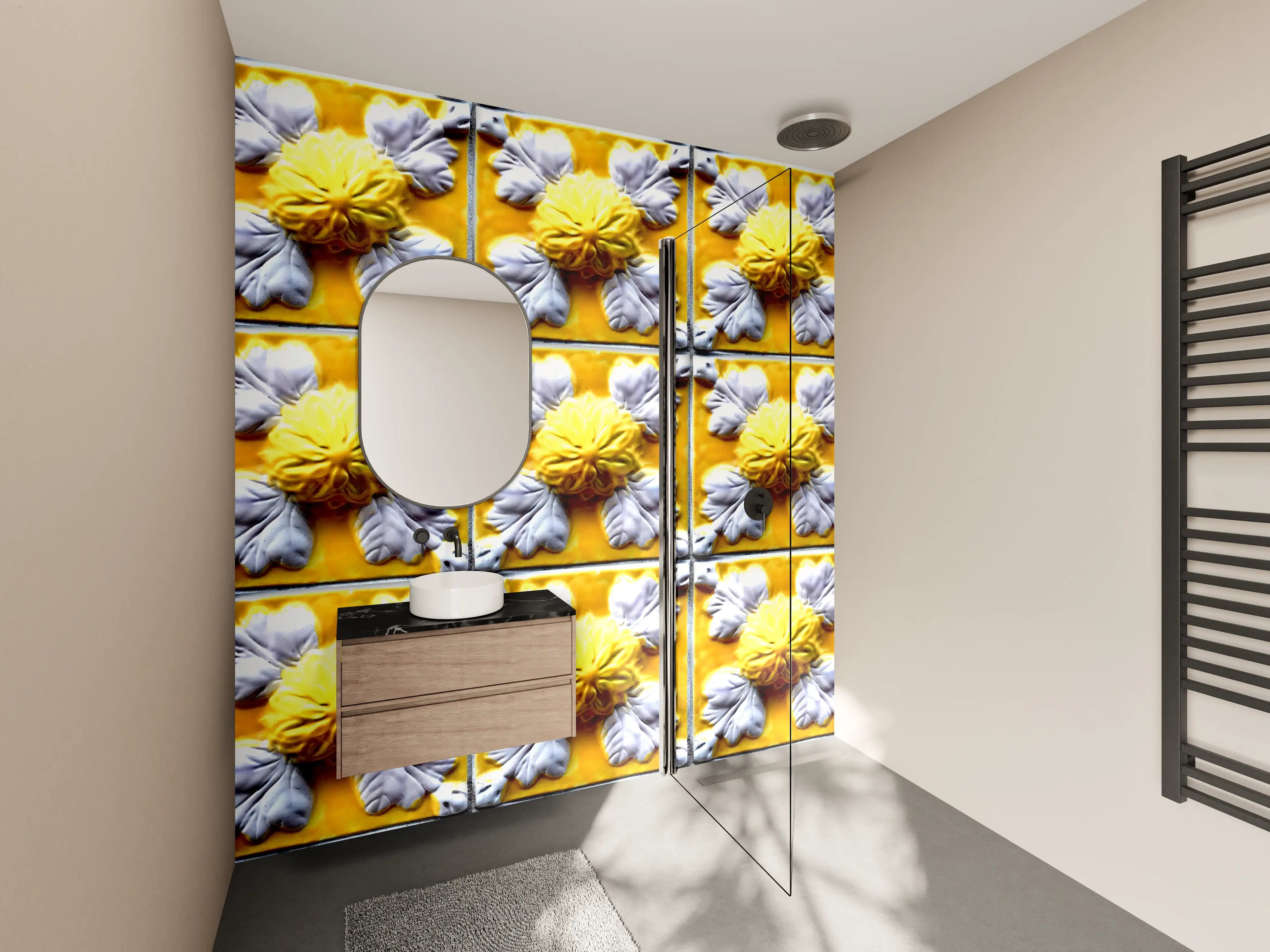 Wandverkleidung Bad - Gelbe und graue Blumenmuster-Fliese