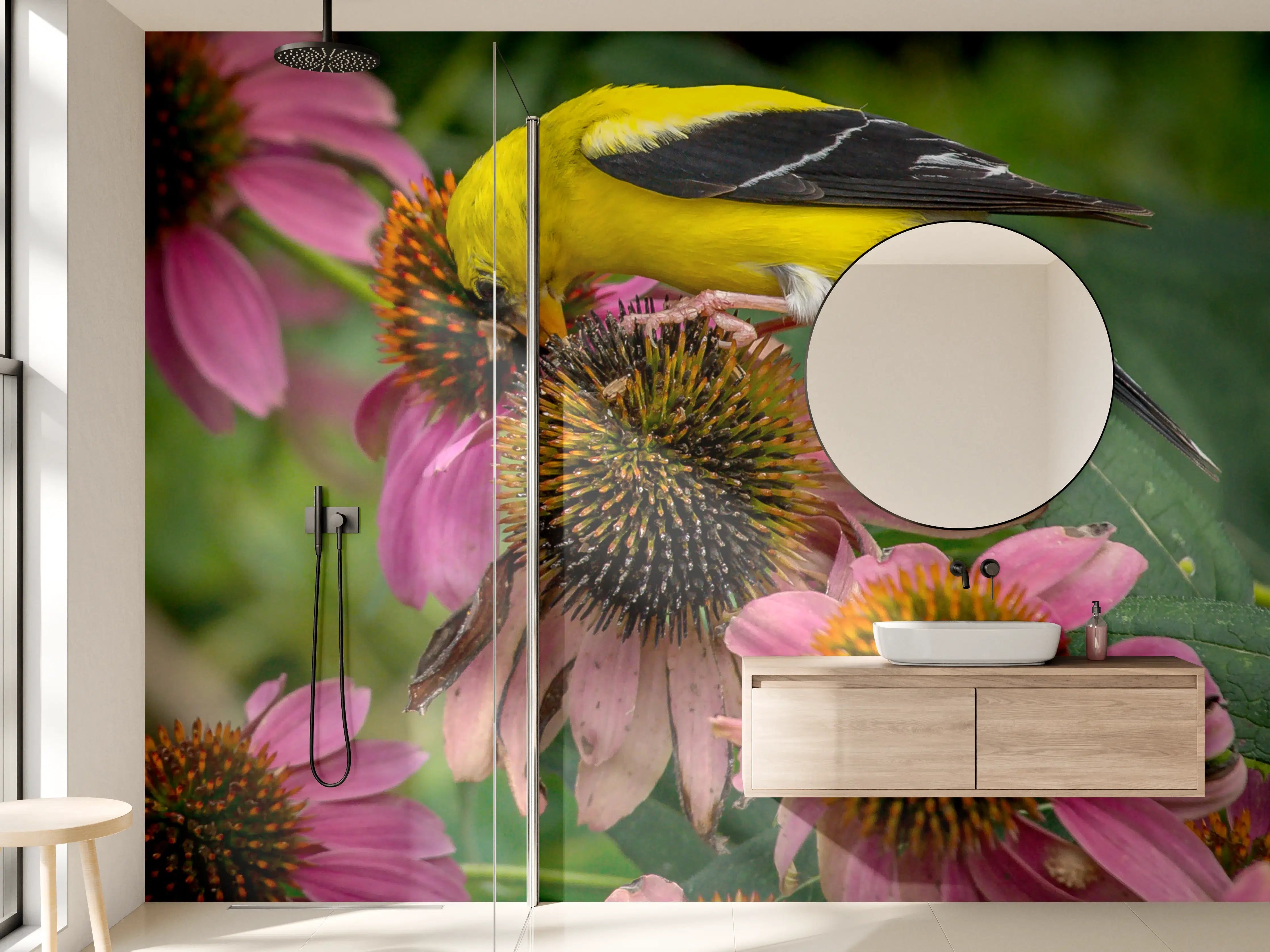 Wandverkleidung Bad - Gelber Vogel auf Pinken Blumen