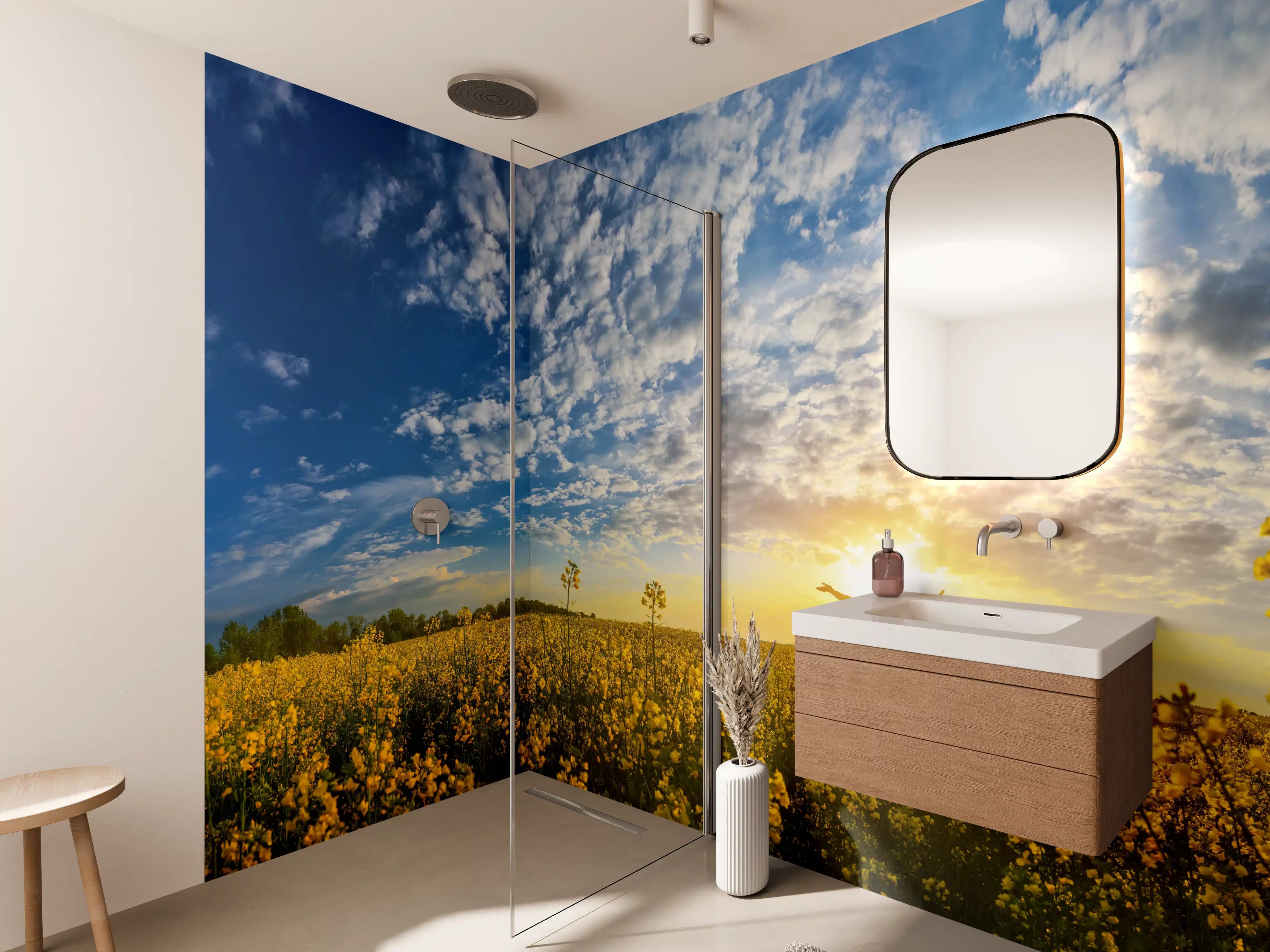 Wandverkleidung Bad - Gelbliches Blumenfeld am Morgen