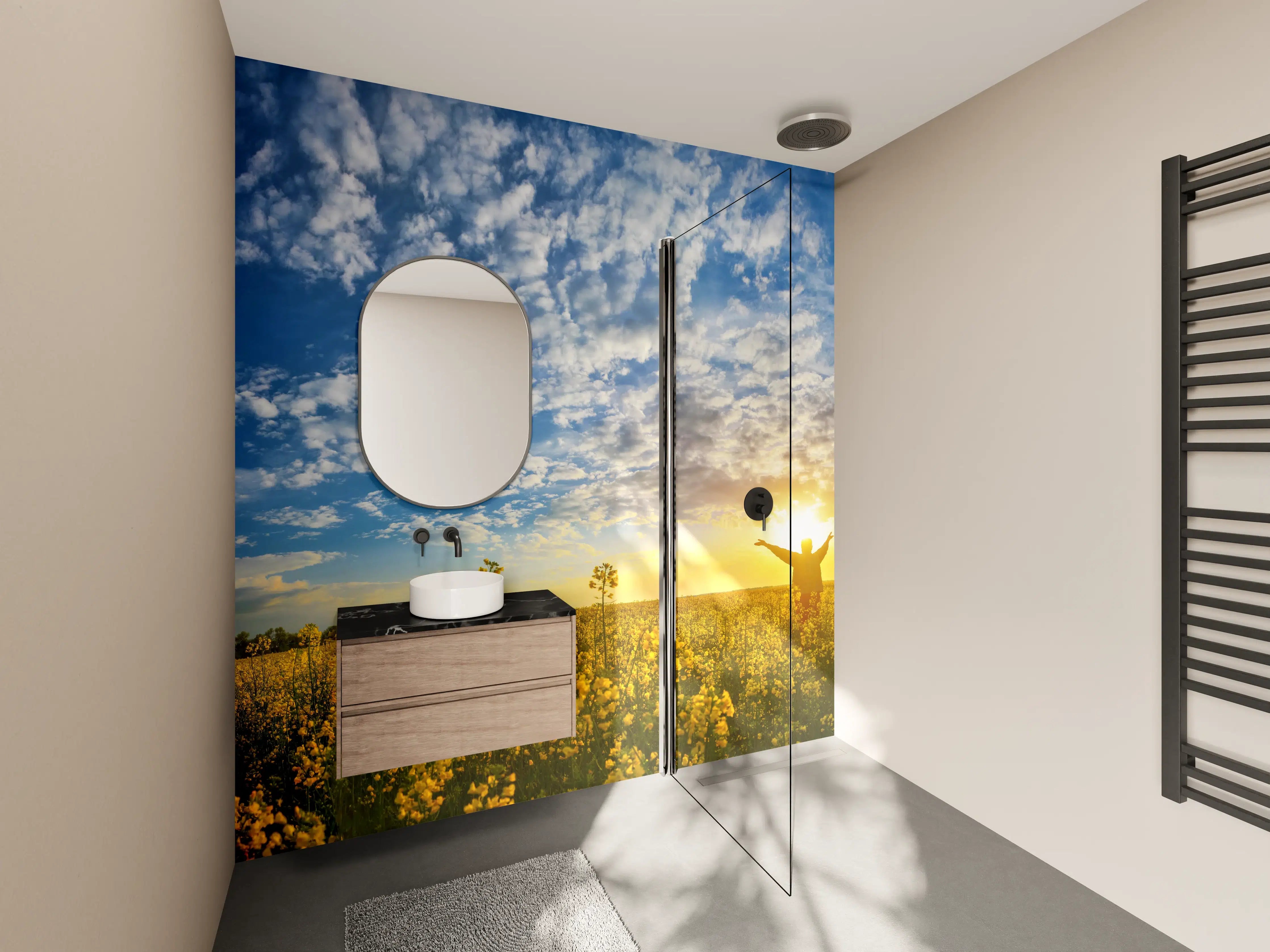 Wandverkleidung Bad - Gelbliches Blumenfeld am Morgen