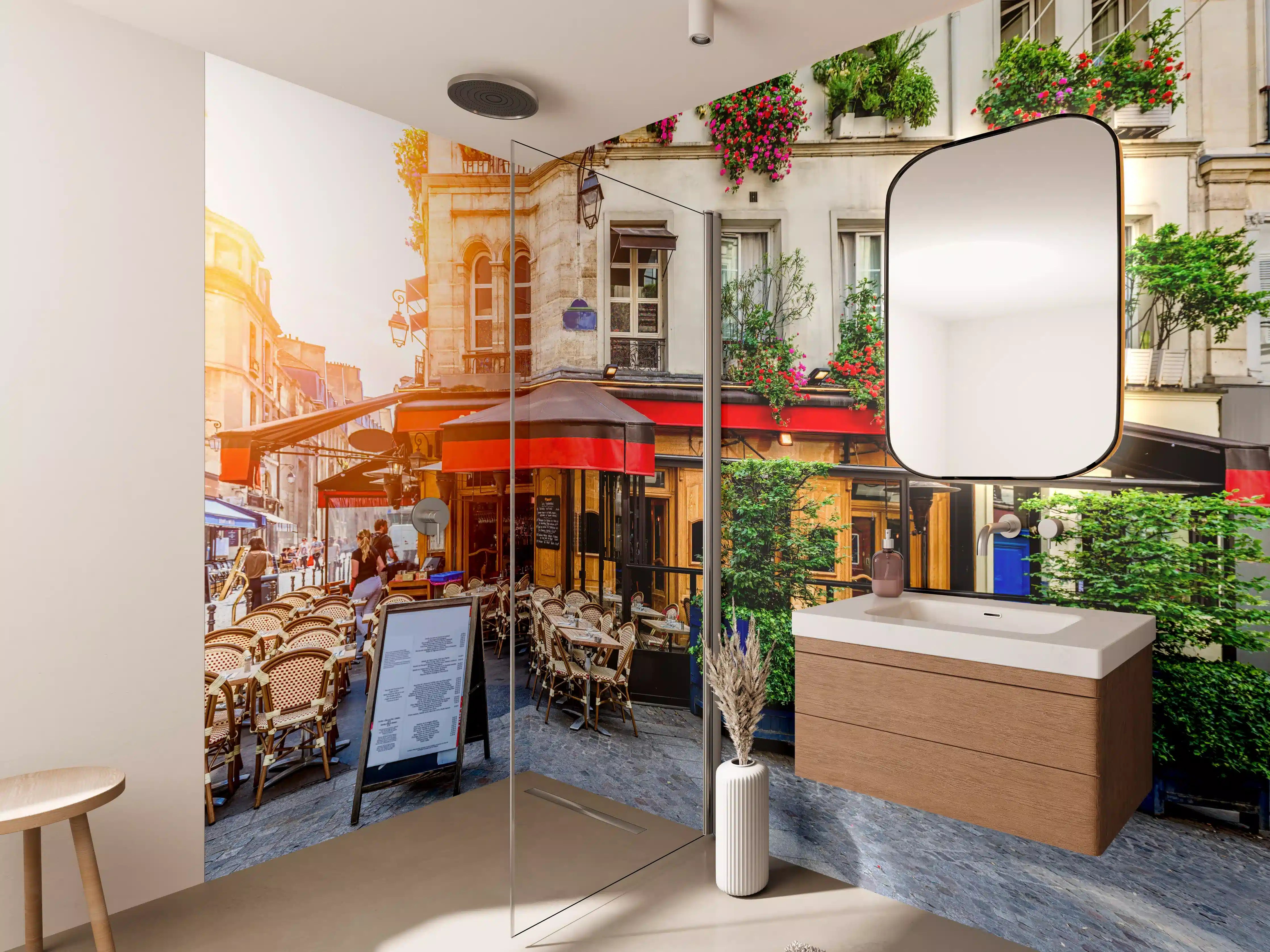 Wandverkleidung Bad - Gemütliche Straße mit Tischen eines Cafés in Paris