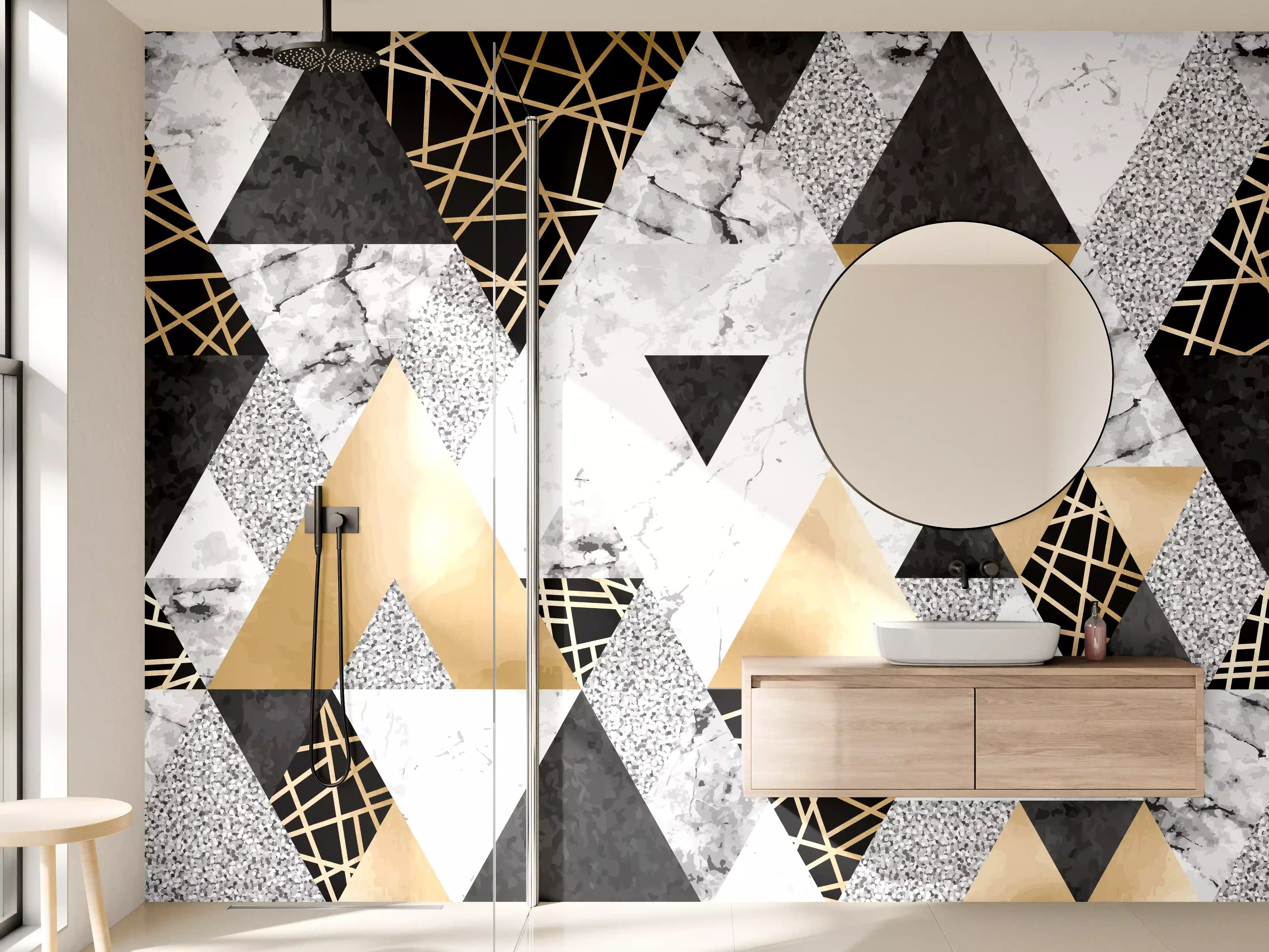 Wandverkleidung Bad - Geometrische Gold-Schwarz-Weiß-Muster