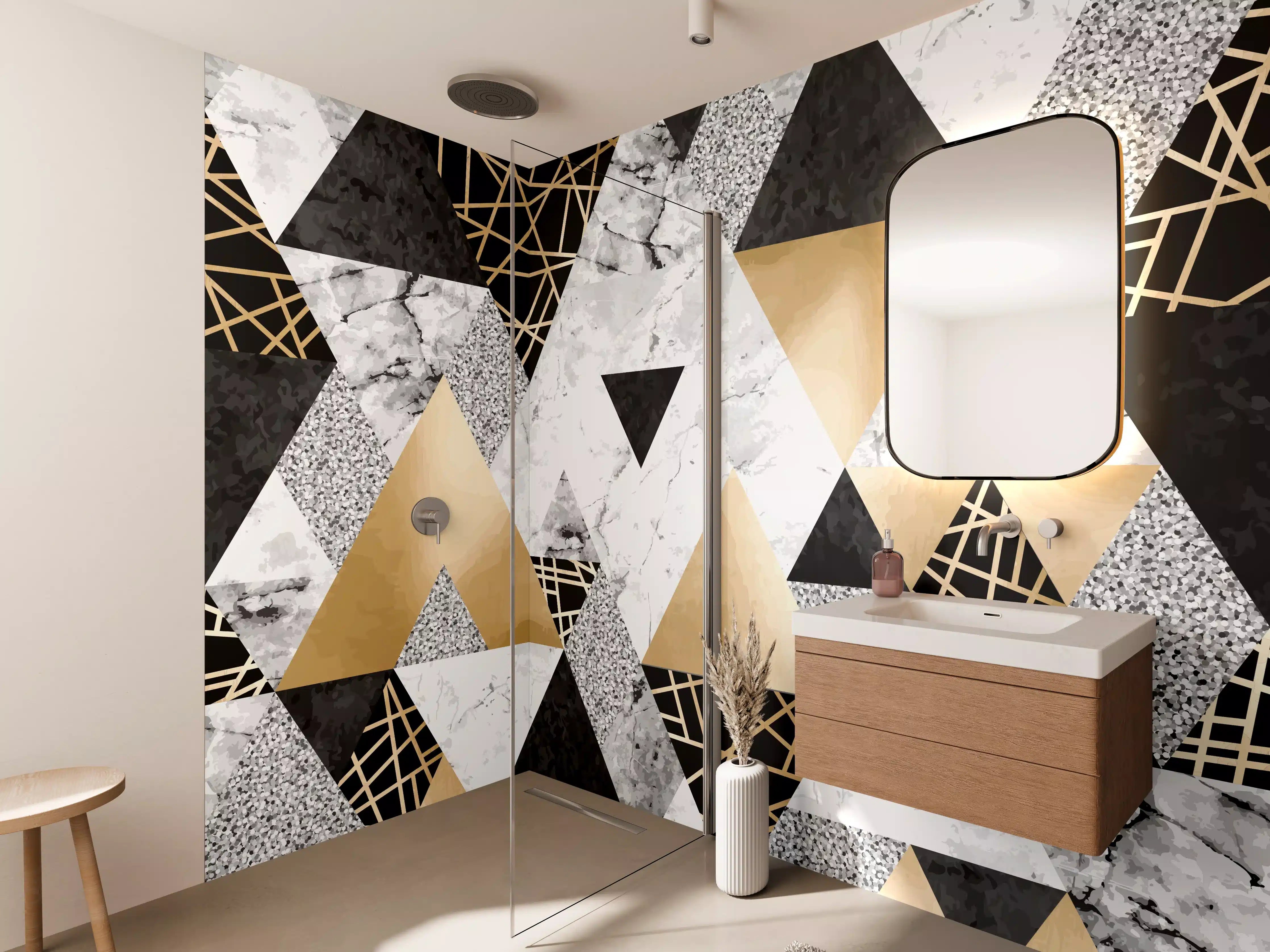Wandverkleidung Bad - Geometrische Gold-Schwarz-Weiß-Muster