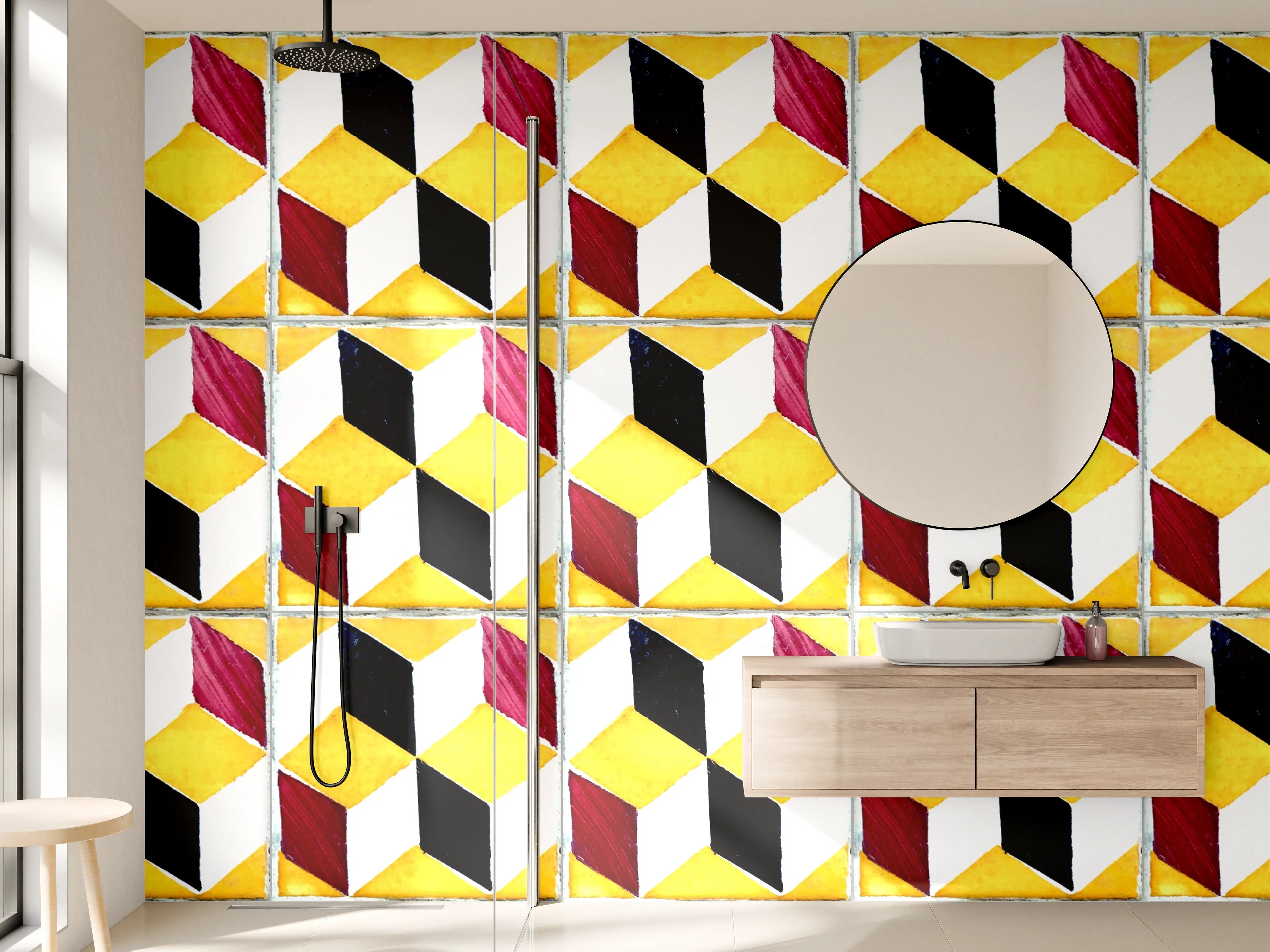 Wandverkleidung Bad - Geometrische Muster in Gelb, Schwarz und Rot