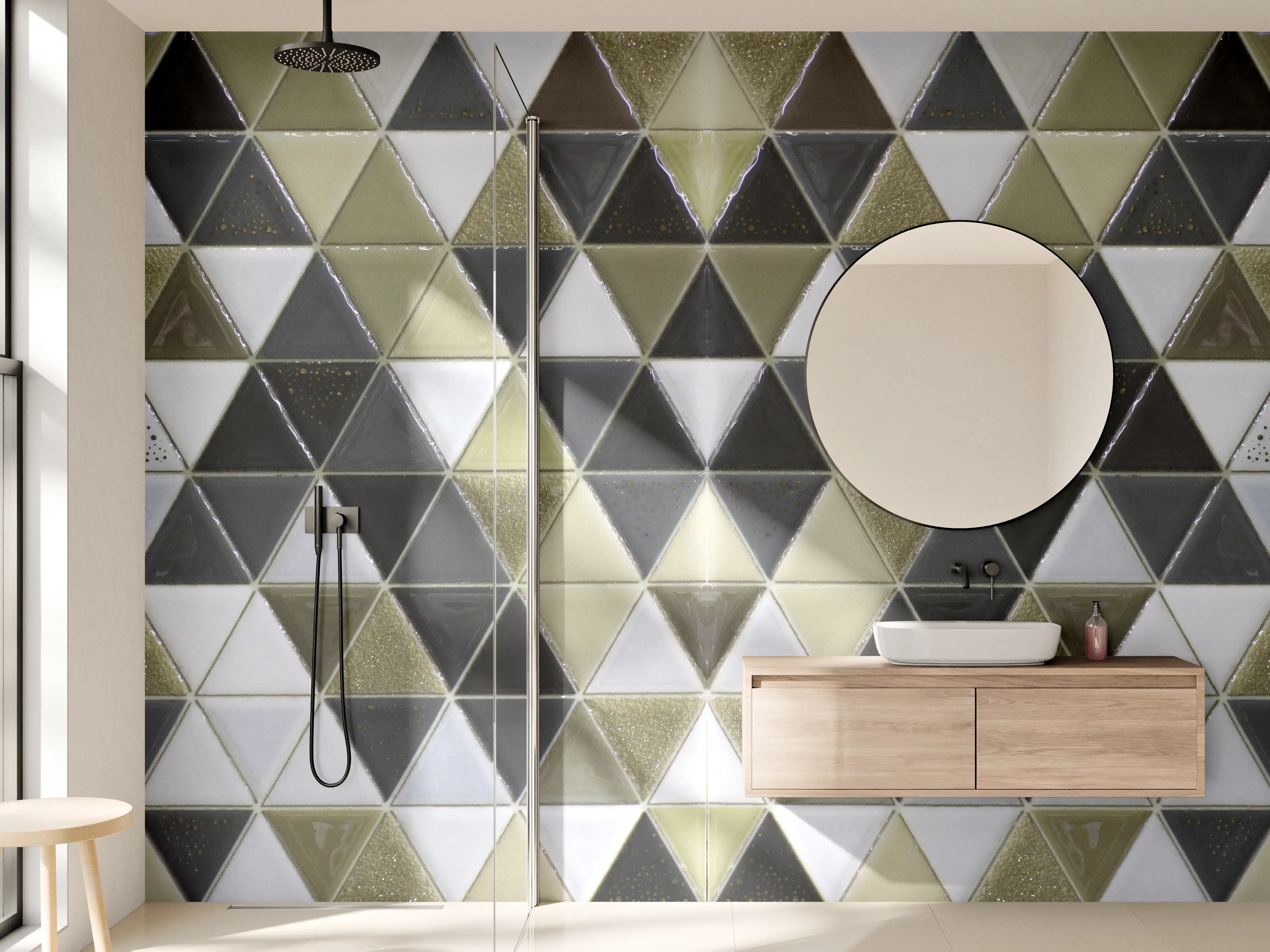 Wandverkleidung Bad - Geometrisches Fliesenmuster Schwarz Weiß Gold