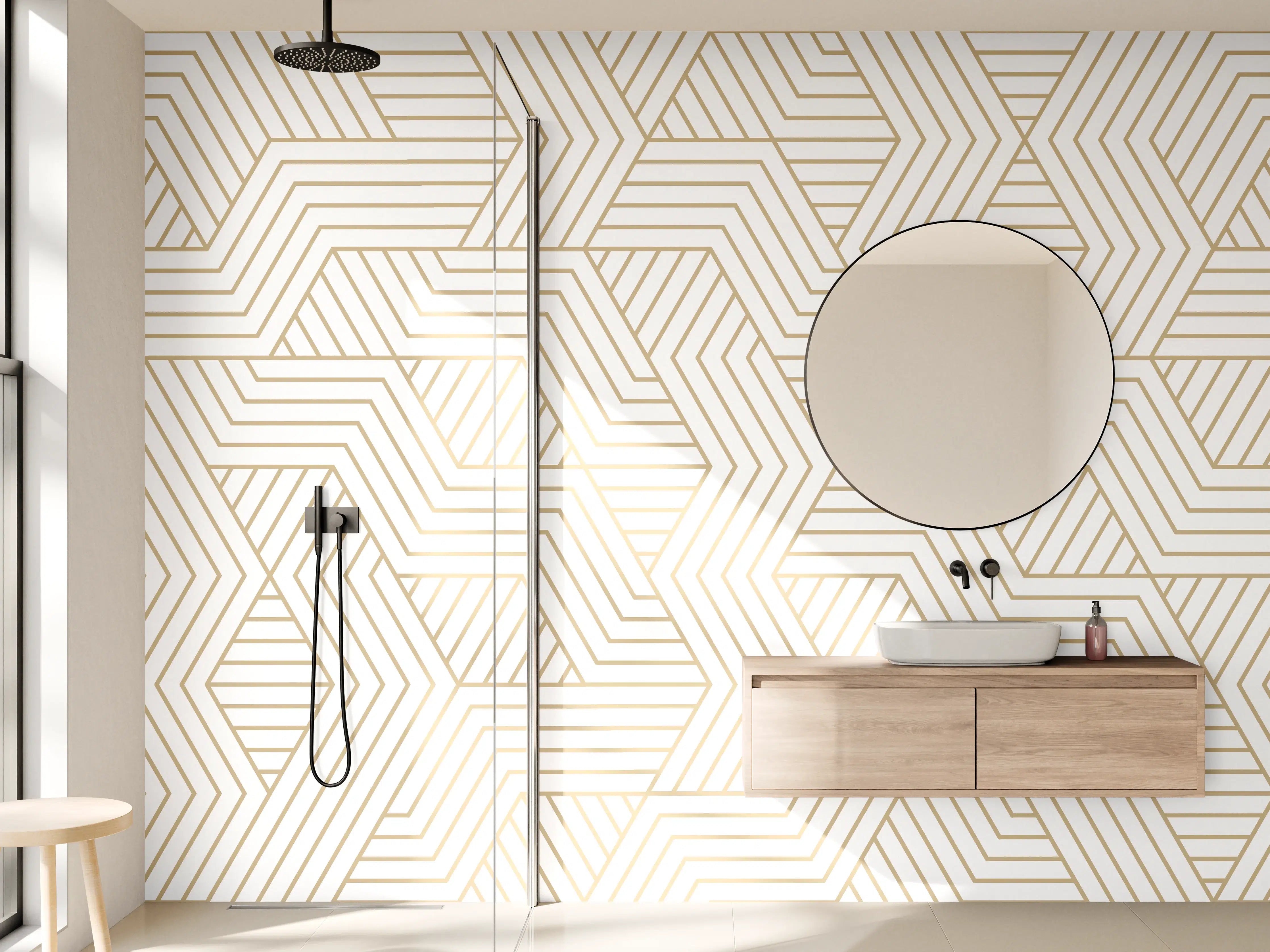 Wandverkleidung Bad - Geometrisches Gold-Weiß Muster