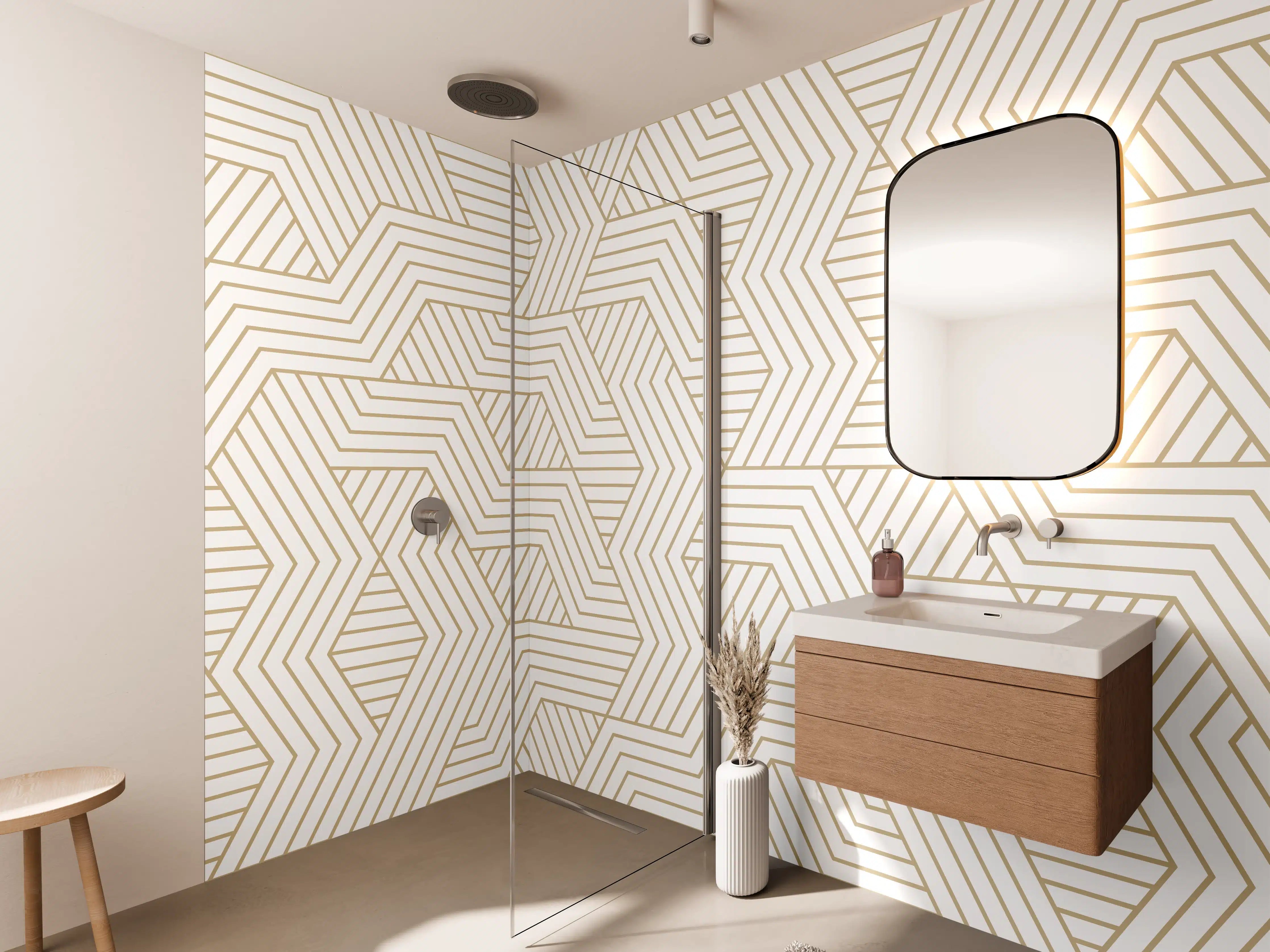 Wandverkleidung Bad - Geometrisches Gold-Weiß Muster
