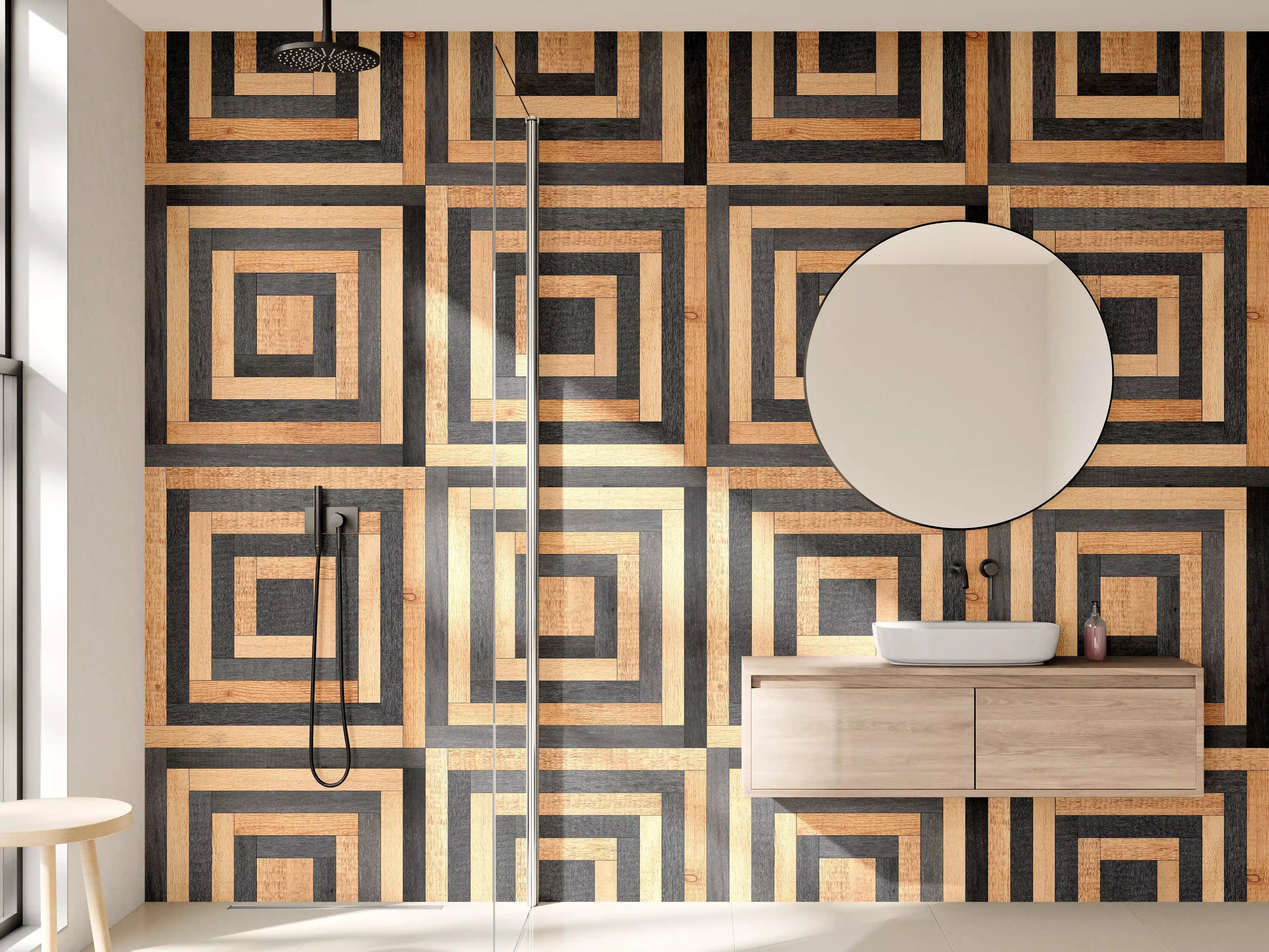 Wandverkleidung Bad - Geometrisches Holzdesign mit quadratischen Mustern