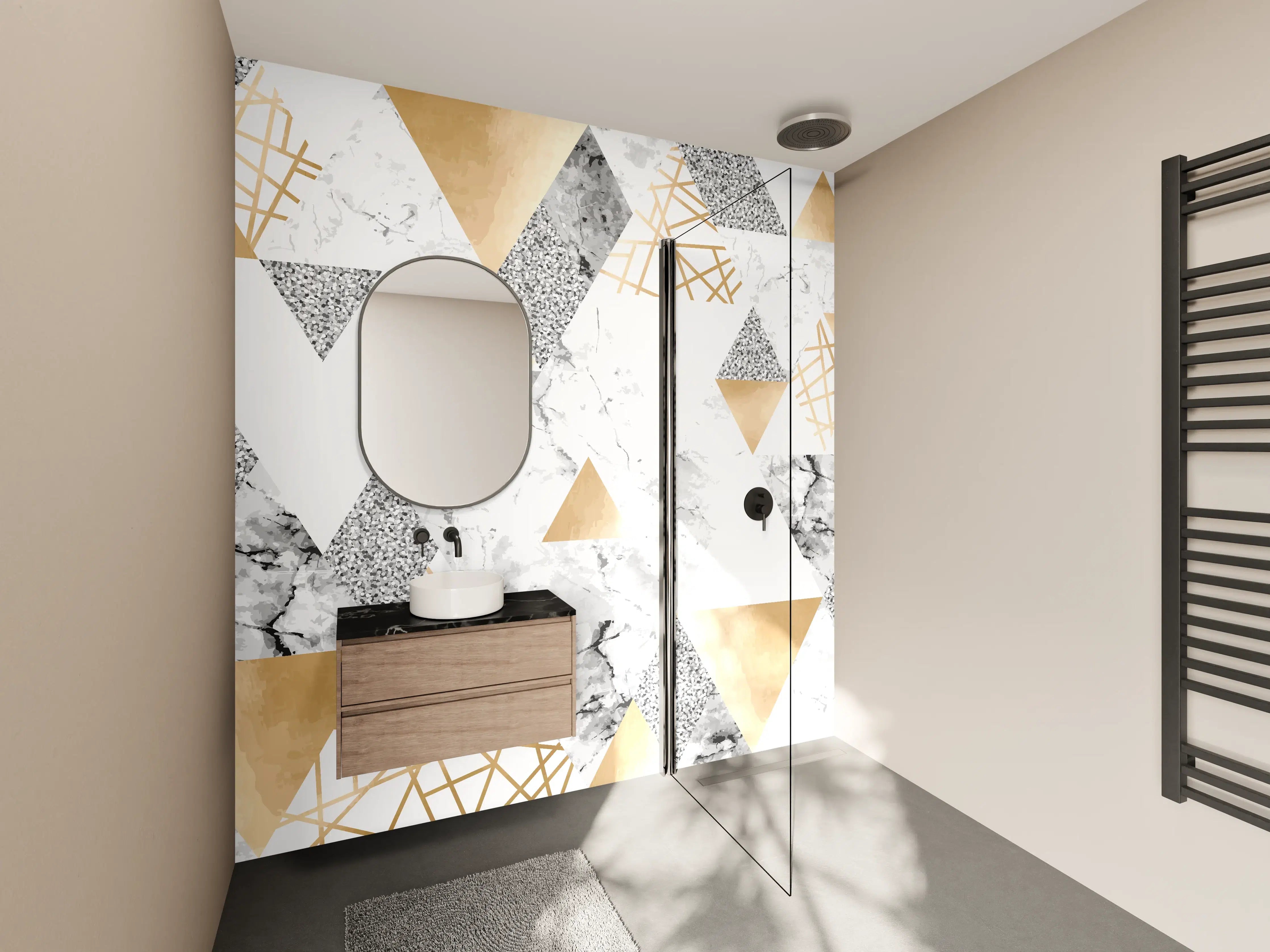 Wandverkleidung Bad - Geometrisches Muster Gold Weiß Grau
