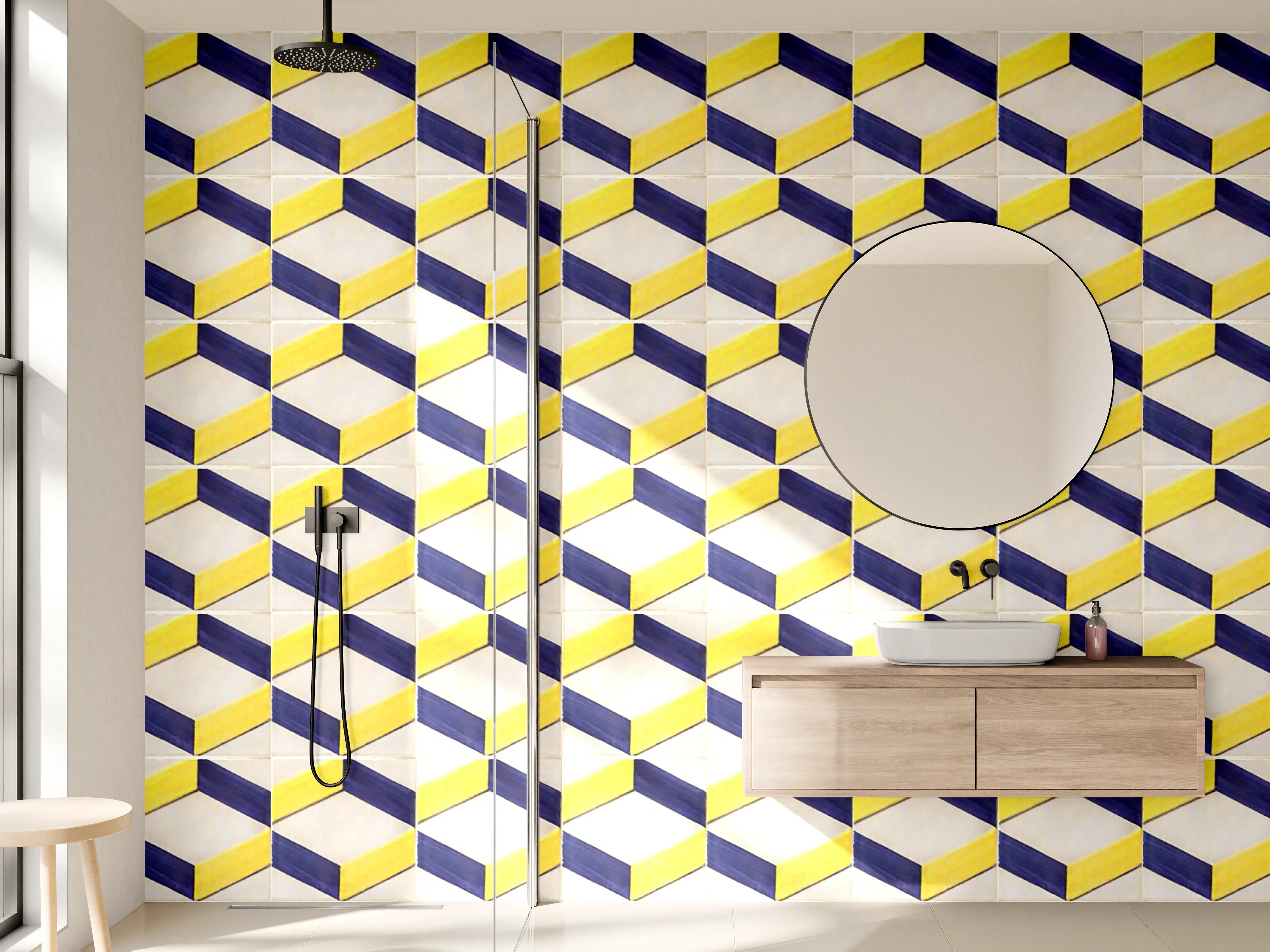 Wandverkleidung Bad - Geometrisches Muster in Gelb und Blau