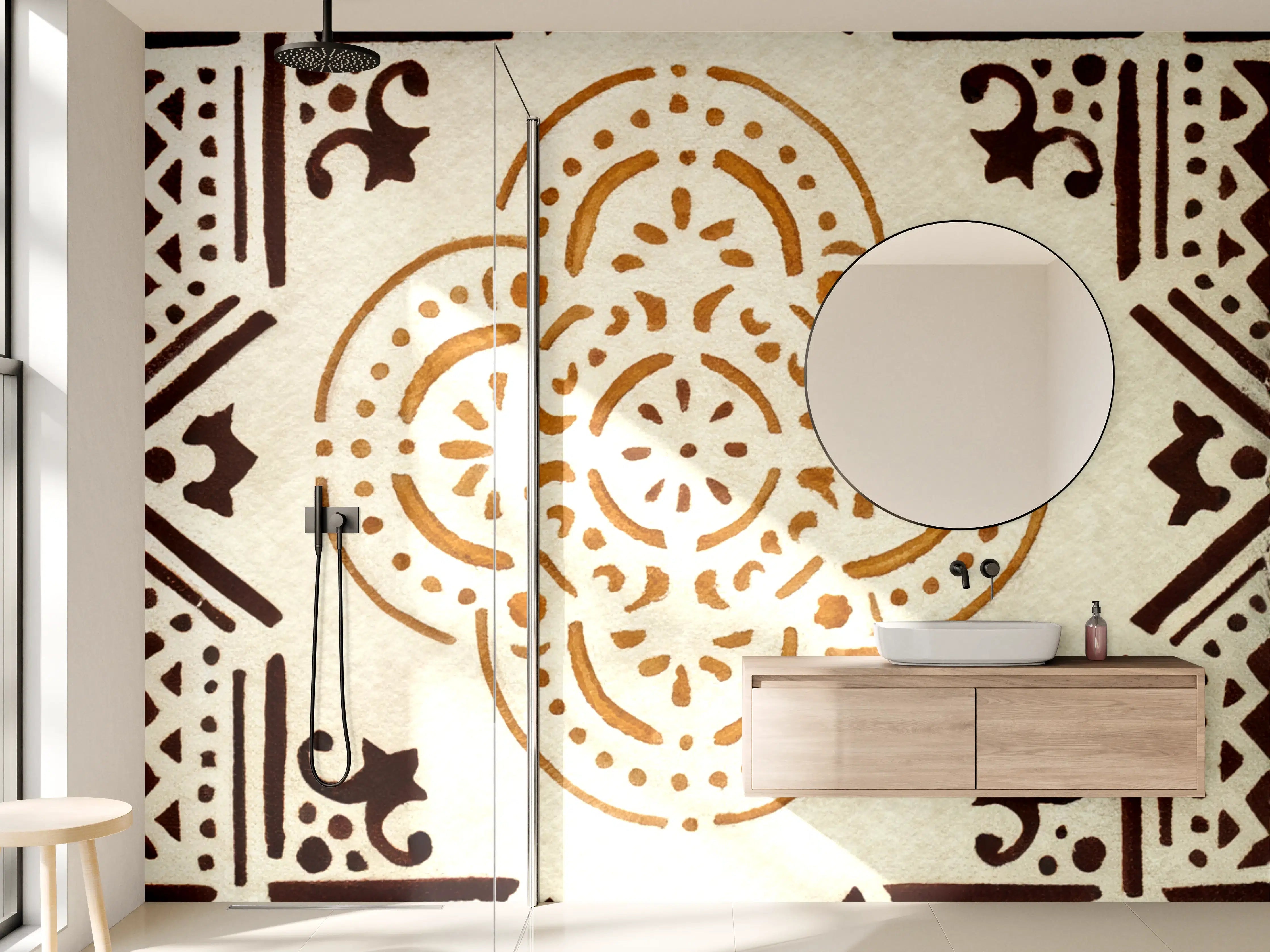 Wandverkleidung Bad - Geometrisches Ornament in Warmtönen