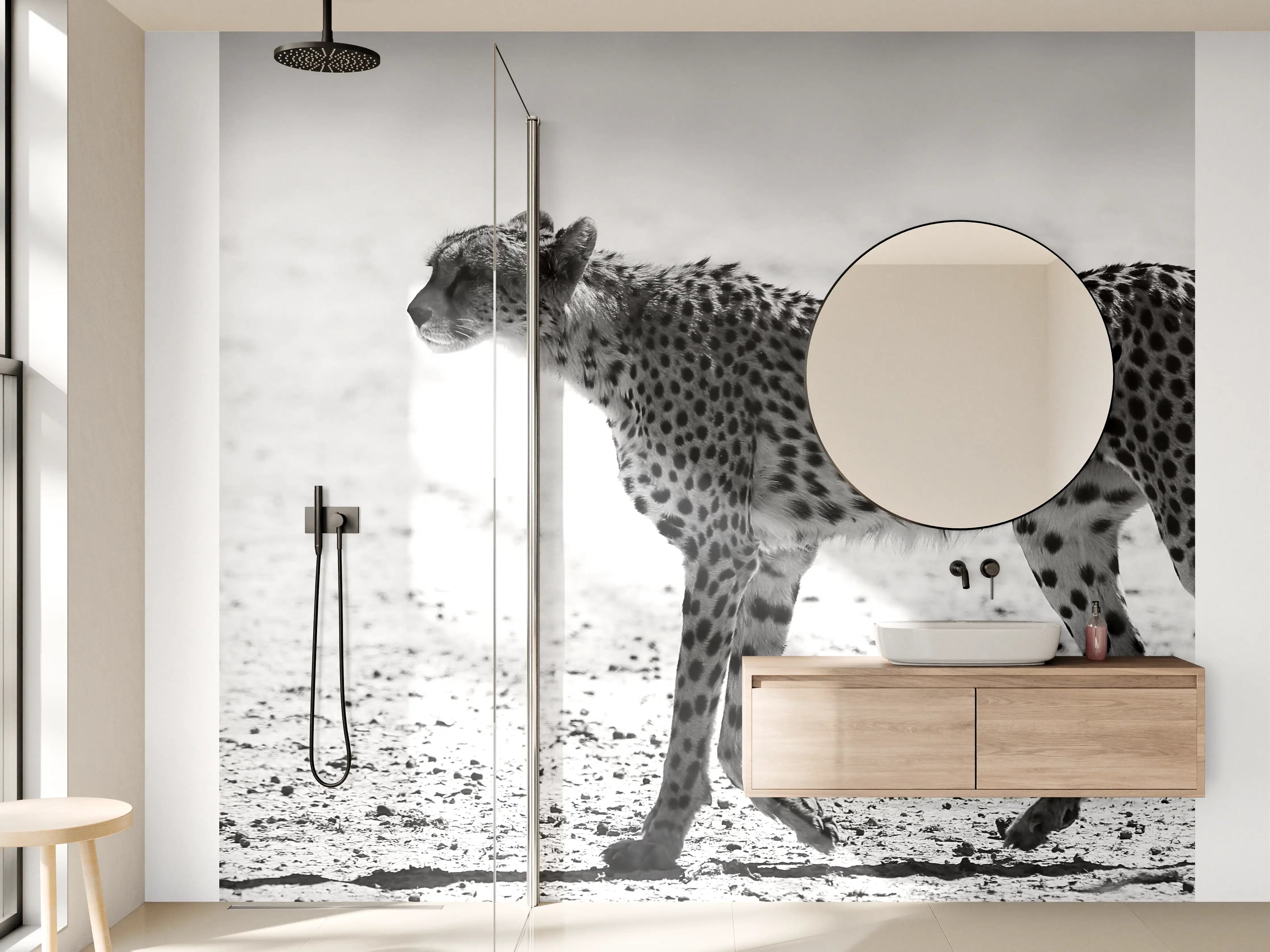 Wandverkleidung Bad - Gepard in Schwarz-Weiß