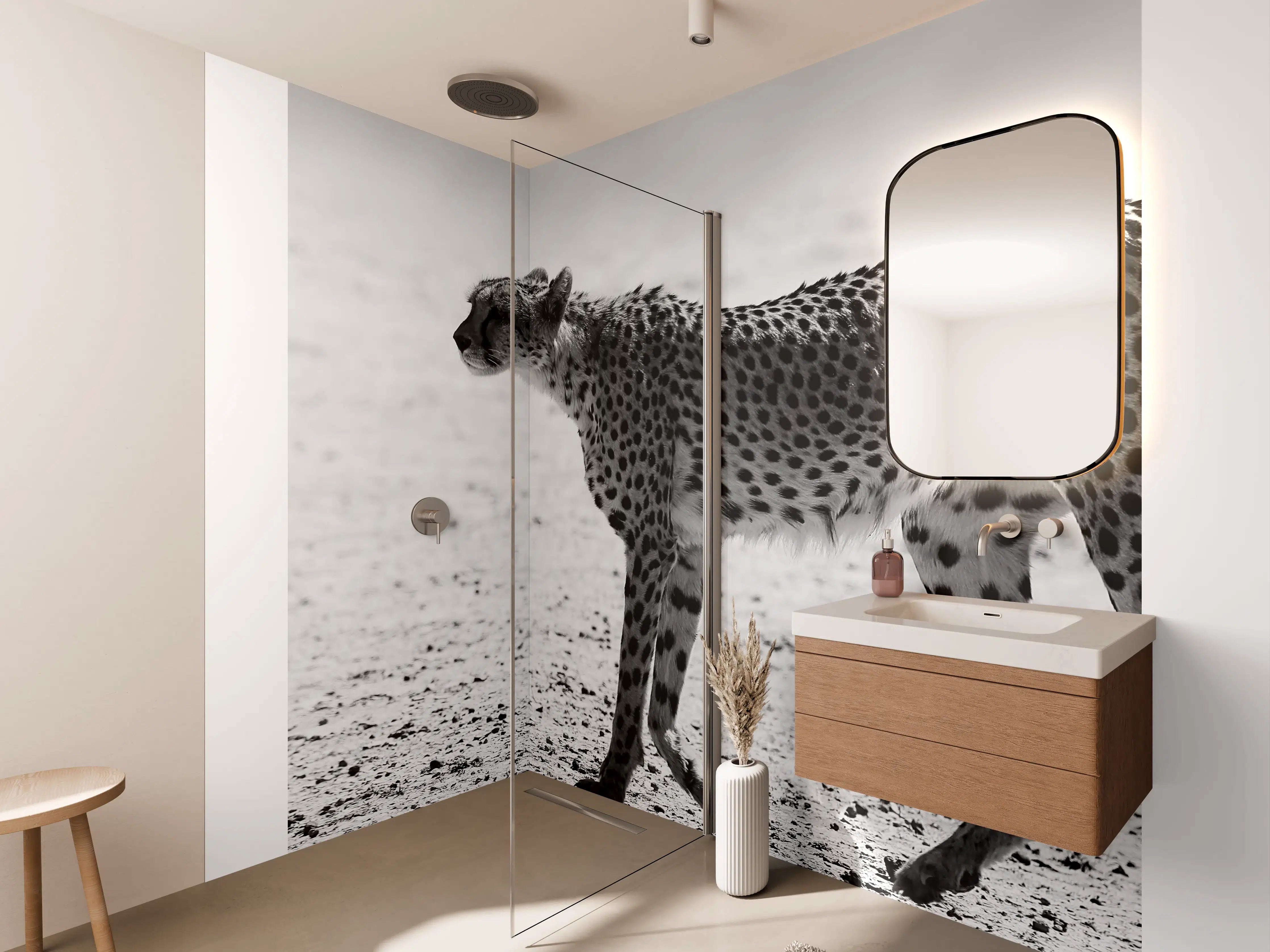 Wandverkleidung Bad - Gepard in Schwarz-Weiß
