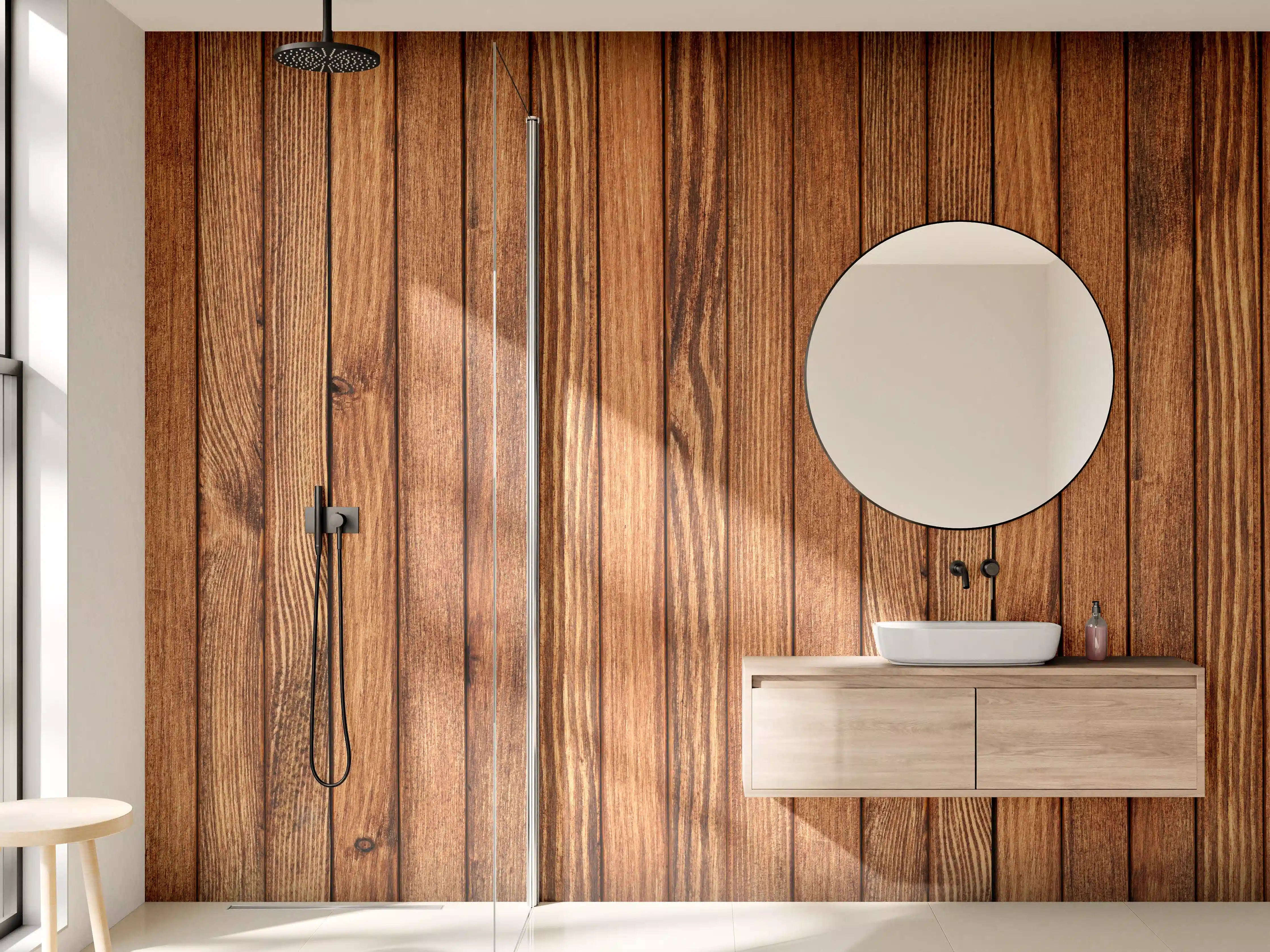 Wandverkleidung Bad - Gestreifte natürliche Holzbretter