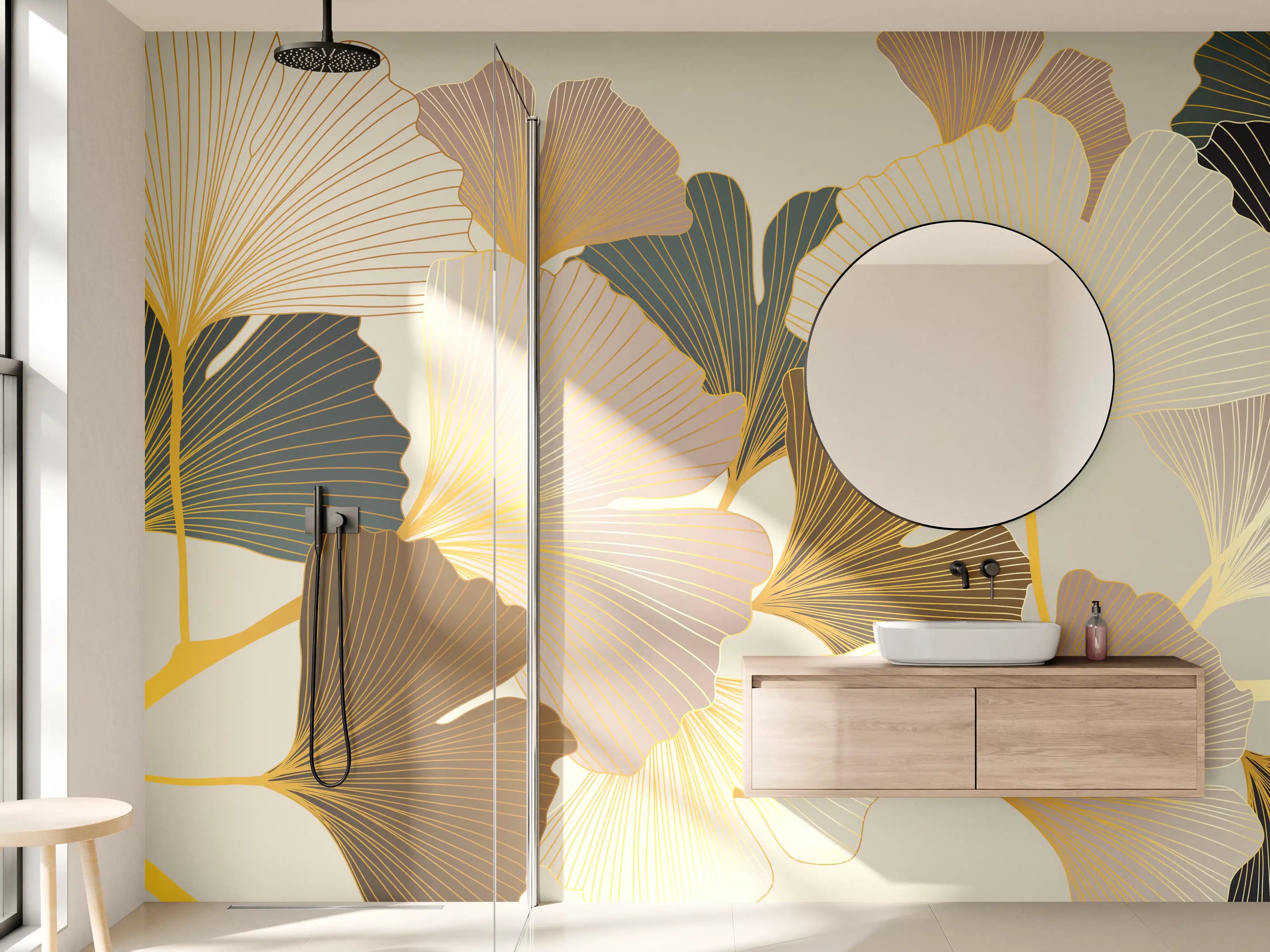 Wandverkleidung Bad - Ginkgo Blätter Design Beige