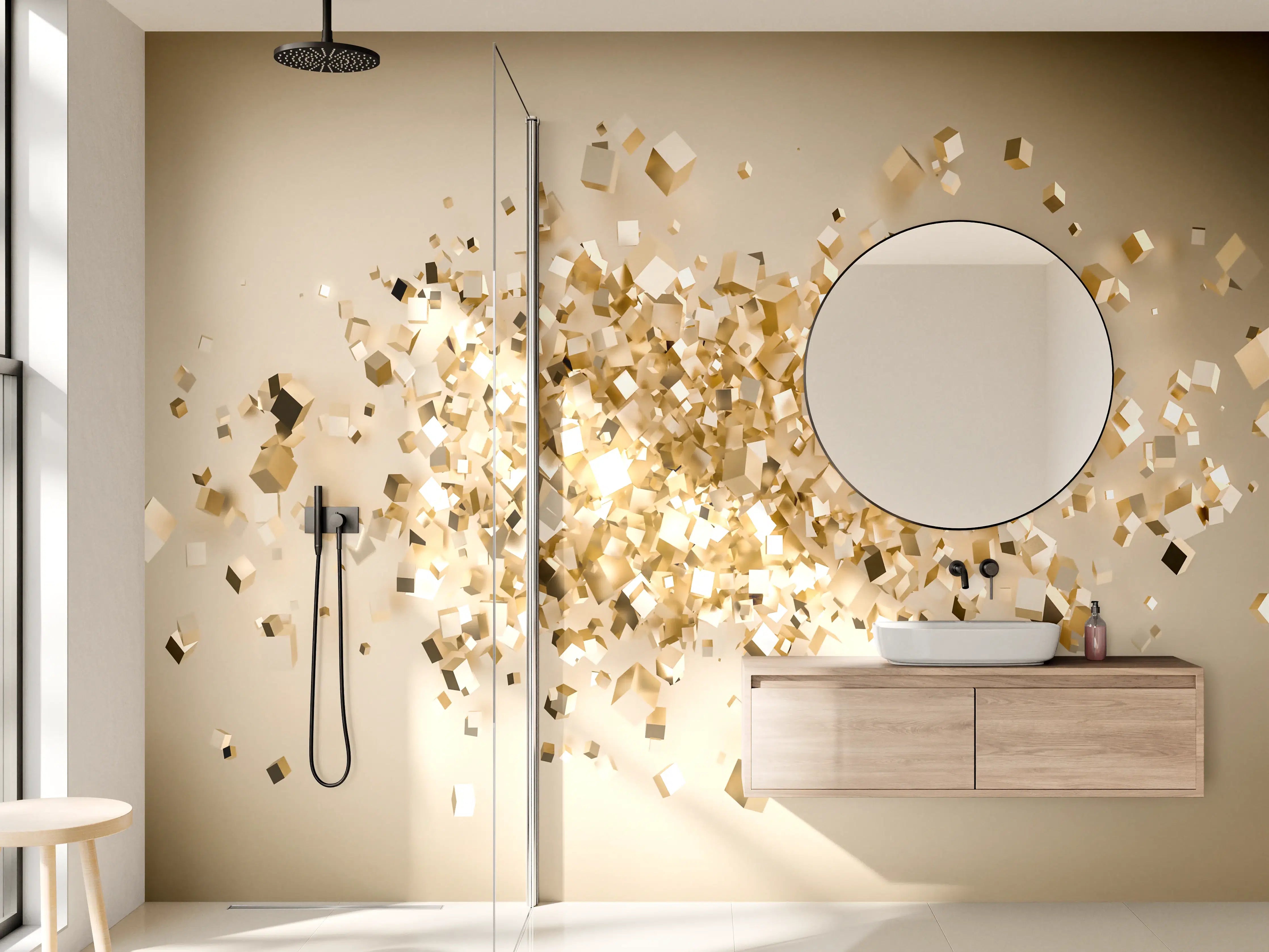 Wandverkleidung Bad - Glänzende Goldwürfel 3D