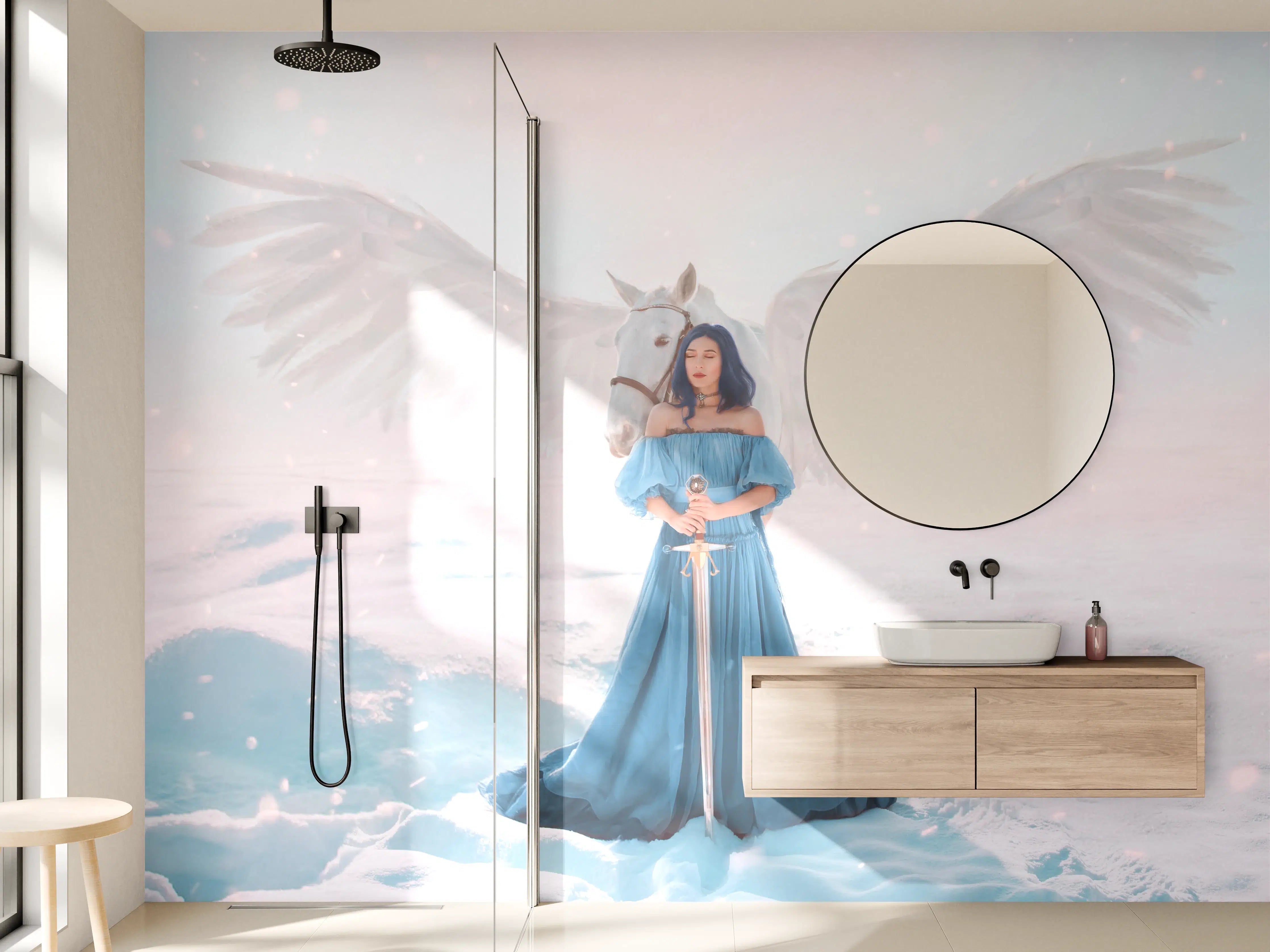 Wandverkleidung Bad - Göttin des Friedens & Gerechtigkeit mit weißem Pegasus